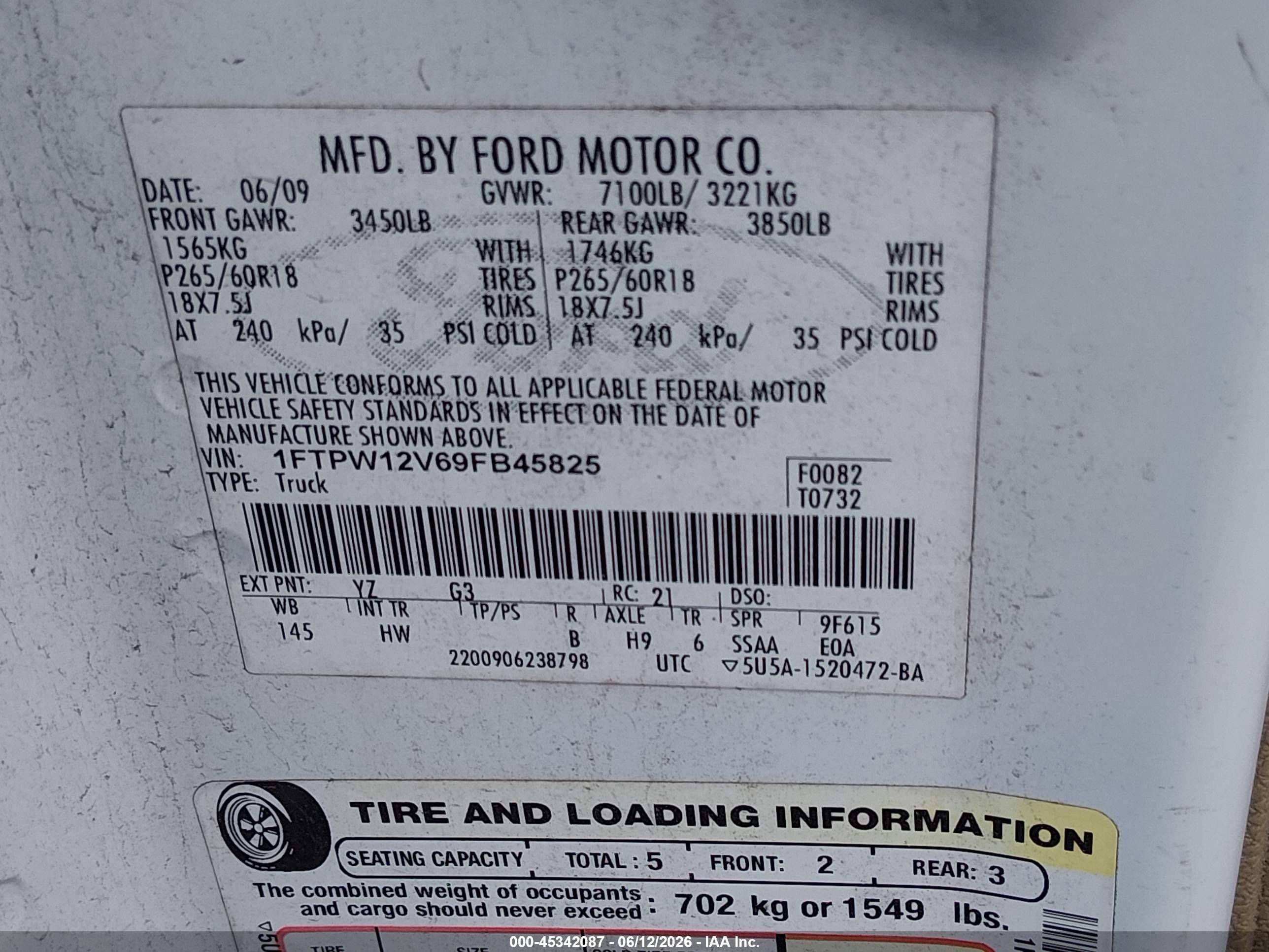 2009 Ford F-150 King Ranch/lariat/platinum/xl/xlt White vin: 1FTPW12V69FB45825