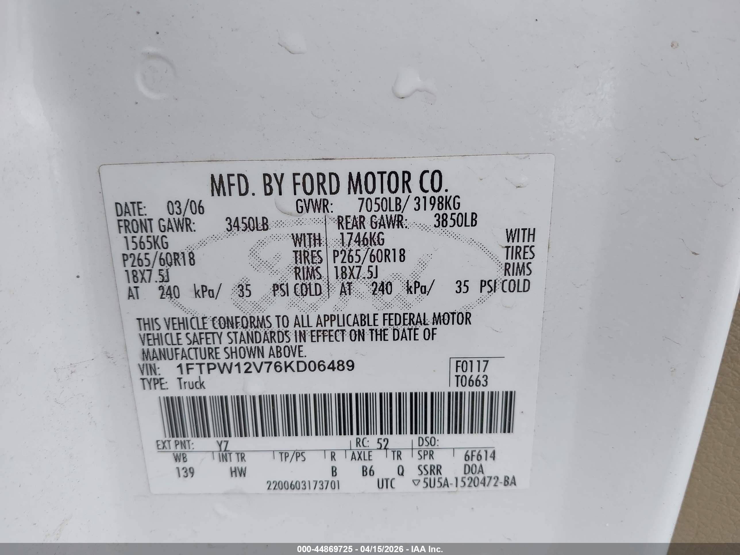 2006 Ford F-150 Lariat/xlt White vin: 1FTPW12V76KD06489