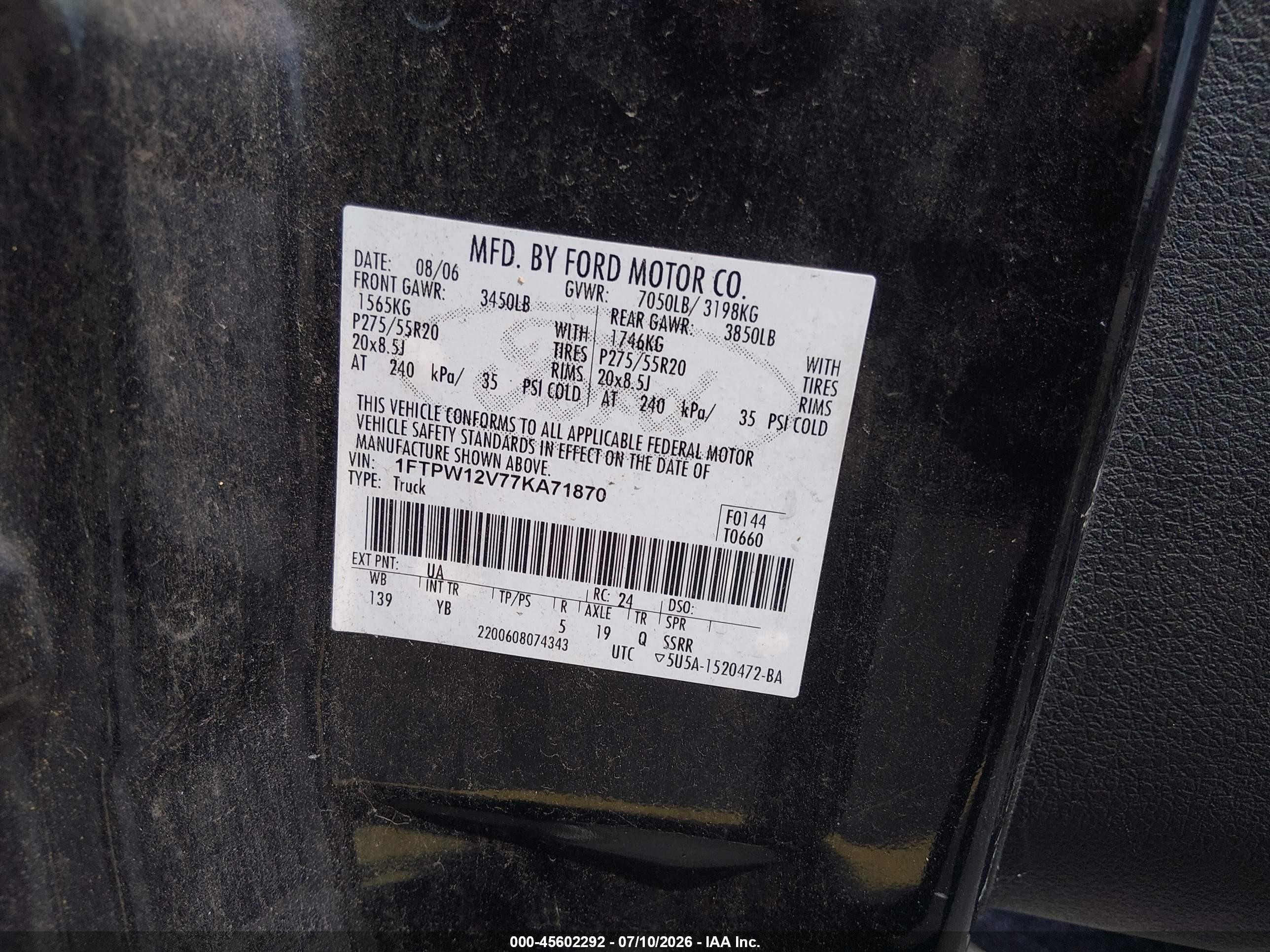 2007 Ford F-150 Lariat/xlt Black vin: 1FTPW12V77KA71870