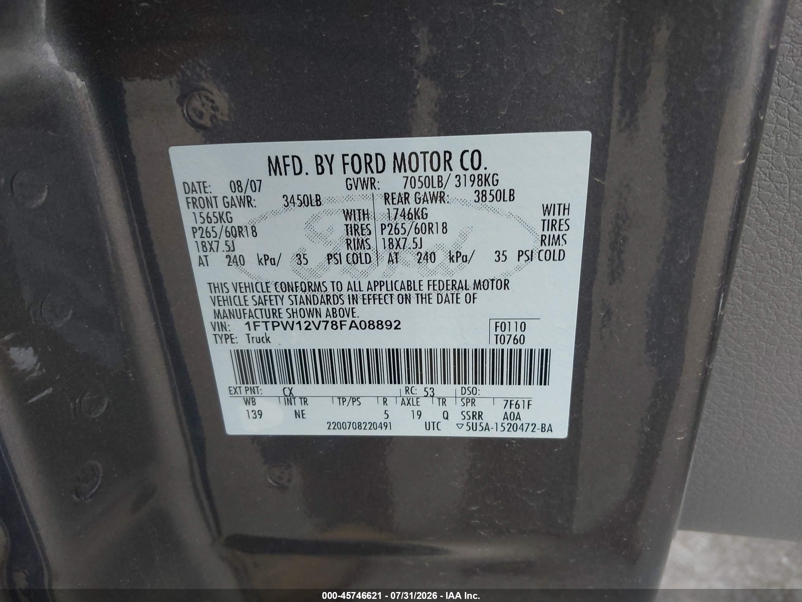 2008 Ford F-150 60th Anniversary/fx2/king Ranch/lariat/xlt Gray vin: 1FTPW12V78FA08892