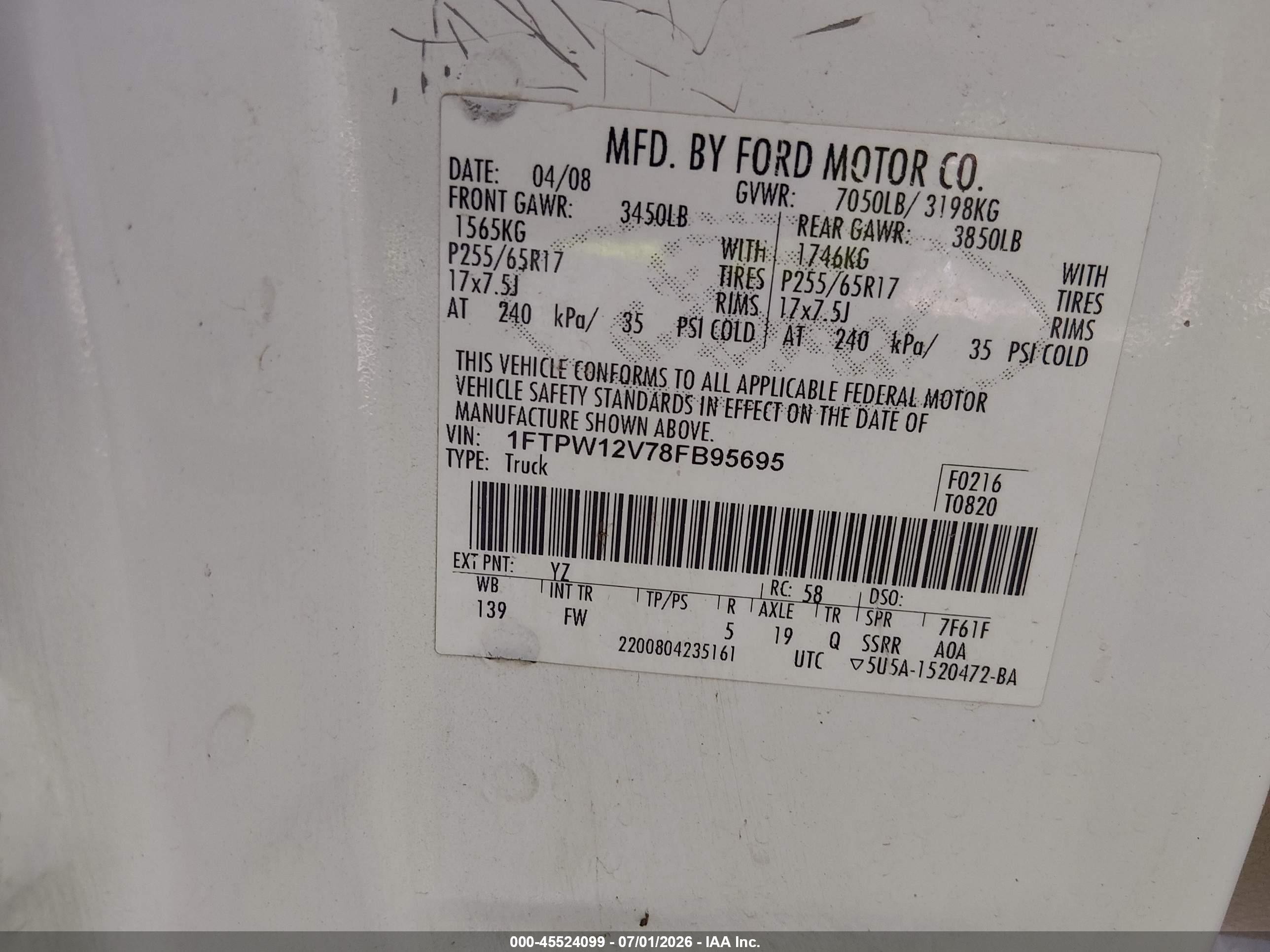 2008 Ford F-150 Lariat/xlt White vin: 1FTPW12V78FB95695