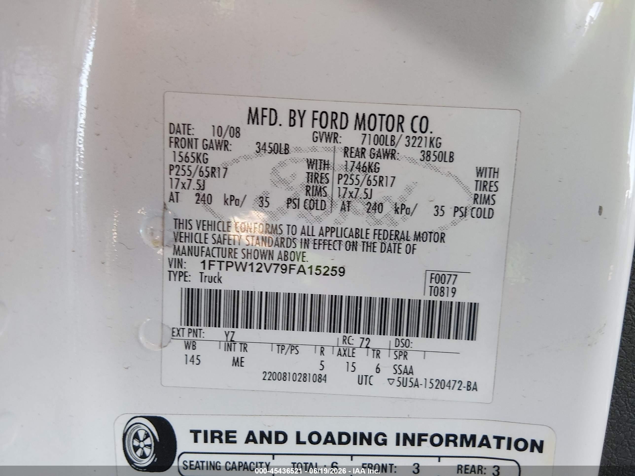 2009 Ford F-150 King Ranch/lariat/platinum/xl/xlt White vin: 1FTPW12V79FA15259