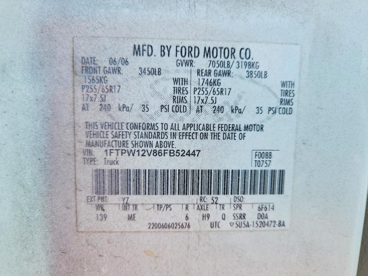 2006 Ford F150 Supercrew White vin: 1FTPW12V86FB52447