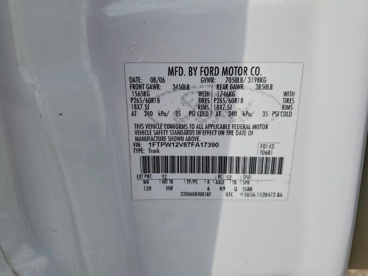 2007 Ford F150 Supercrew White vin: 1FTPW12V87FA17390