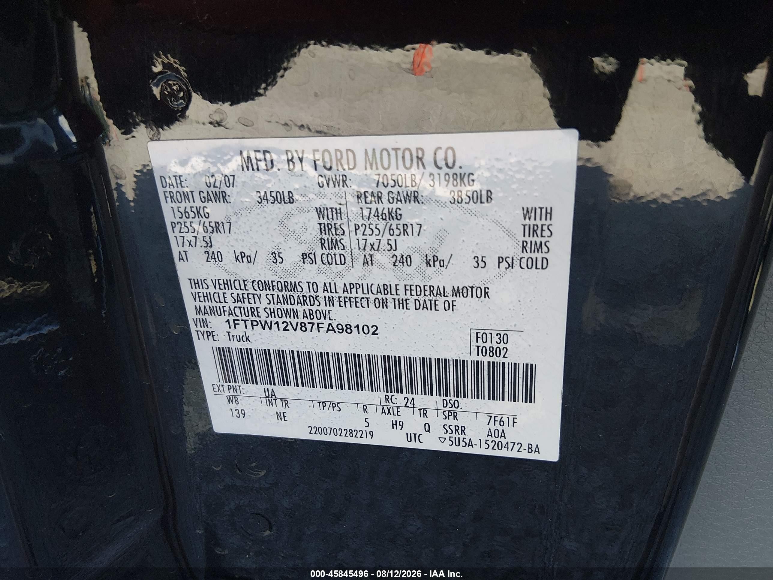 2007 Ford F-150 Lariat/xlt Black vin: 1FTPW12V87FA98102