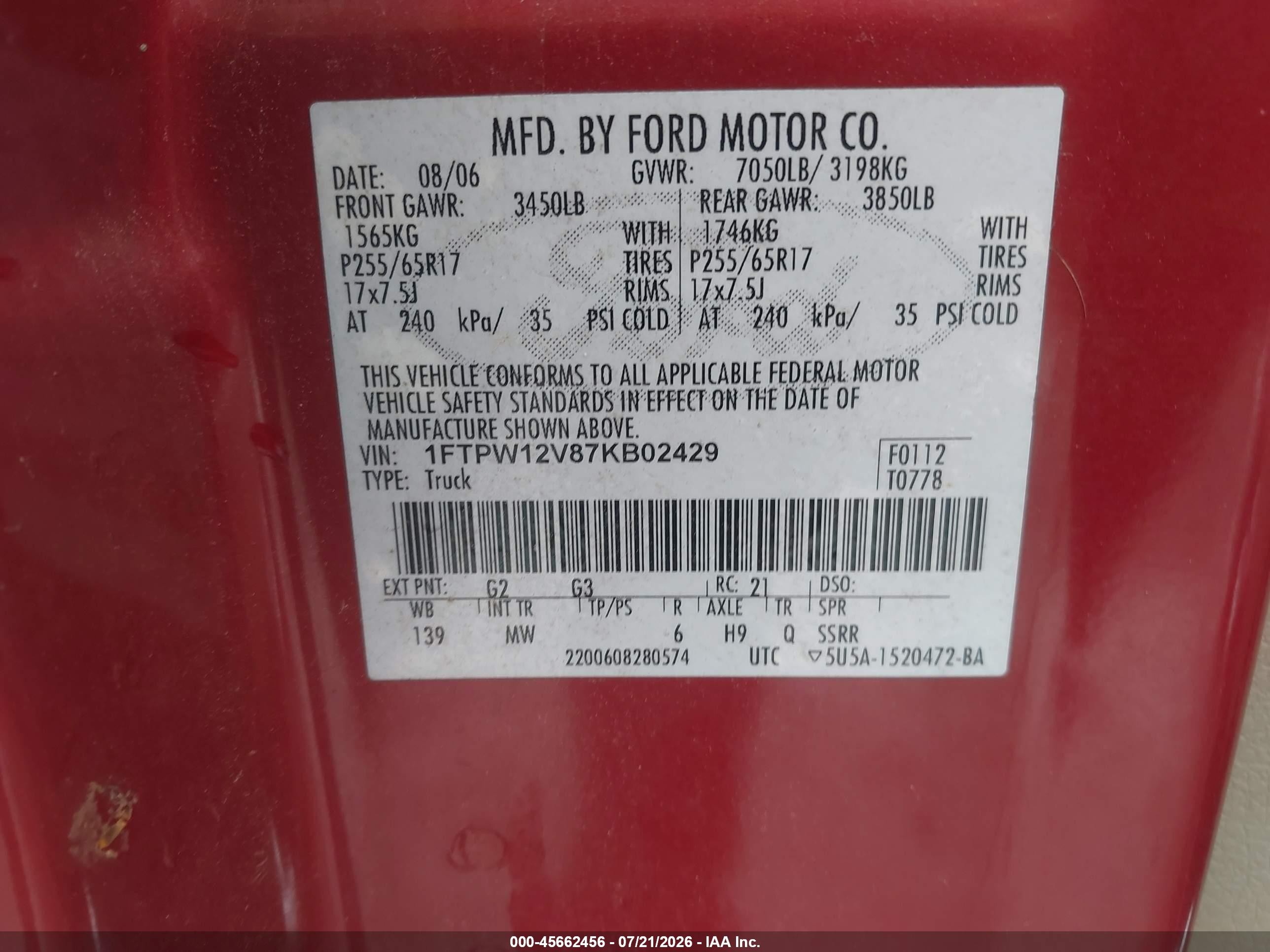 2007 Ford F-150 Lariat/xlt Red vin: 1FTPW12V87KB02429
