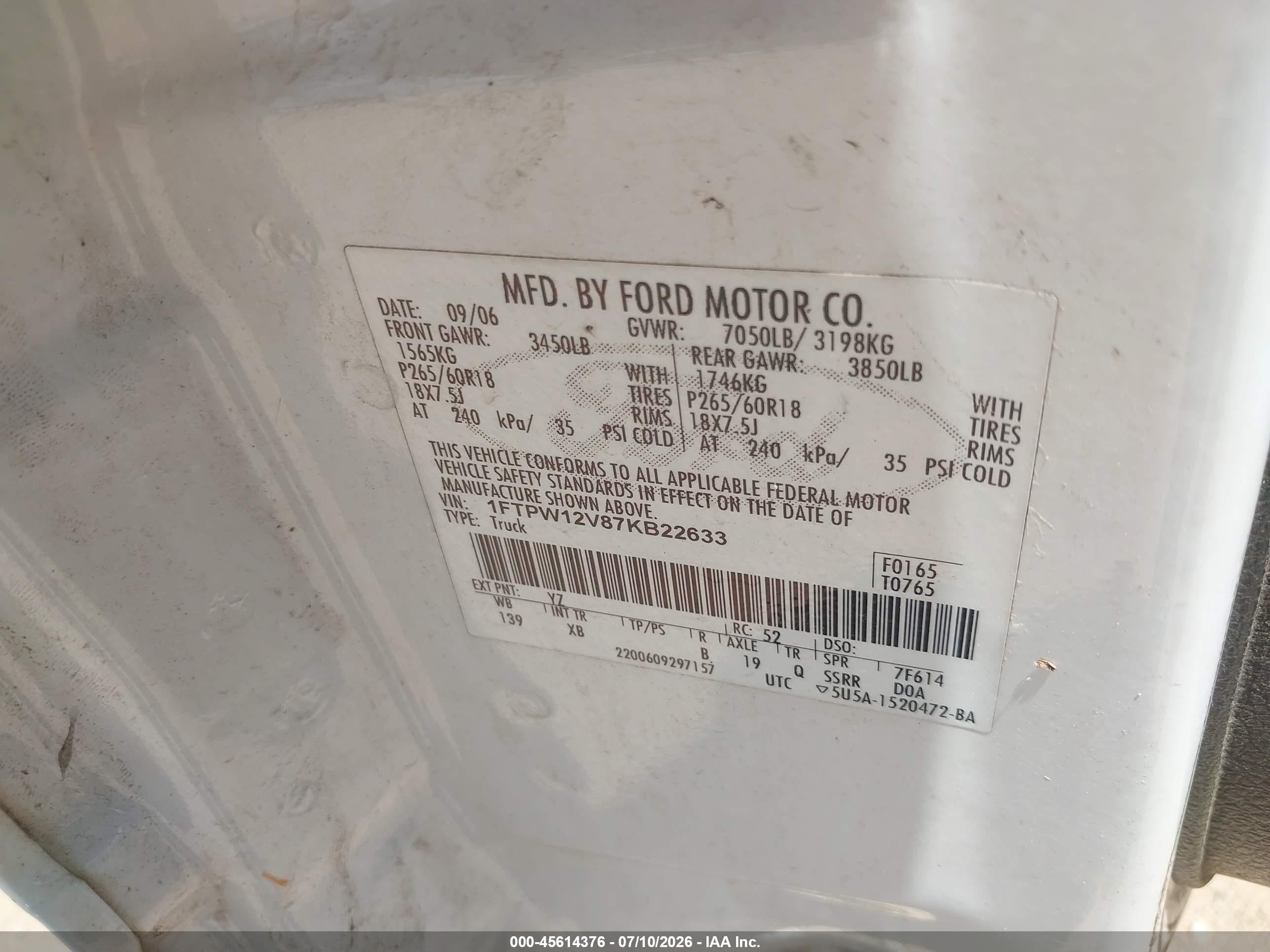 2007 Ford F-150 Lariat/xlt White vin: 1FTPW12V87KB22633