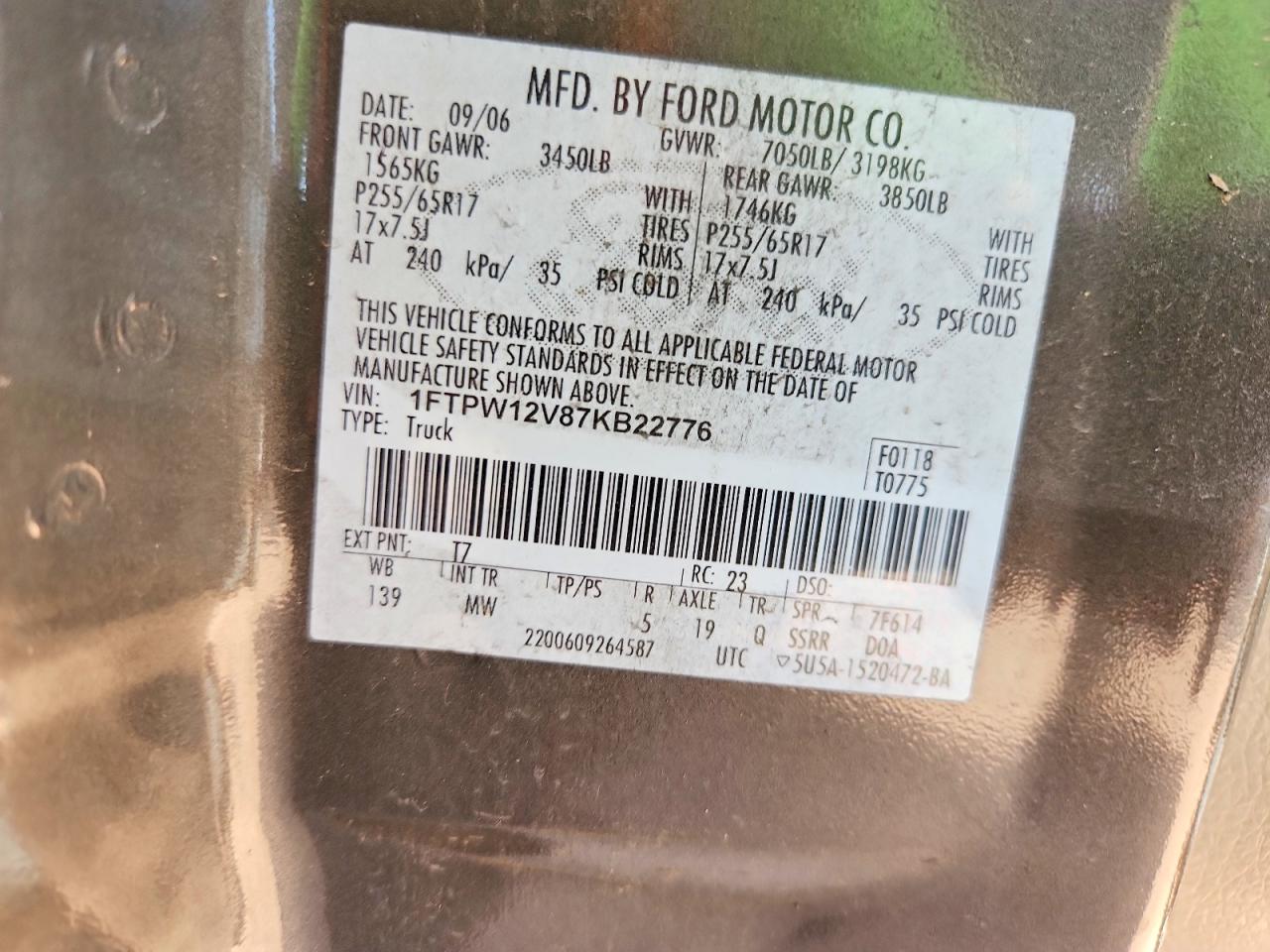 2007 Ford F150 Supercrew Gray vin: 1FTPW12V87KB22776