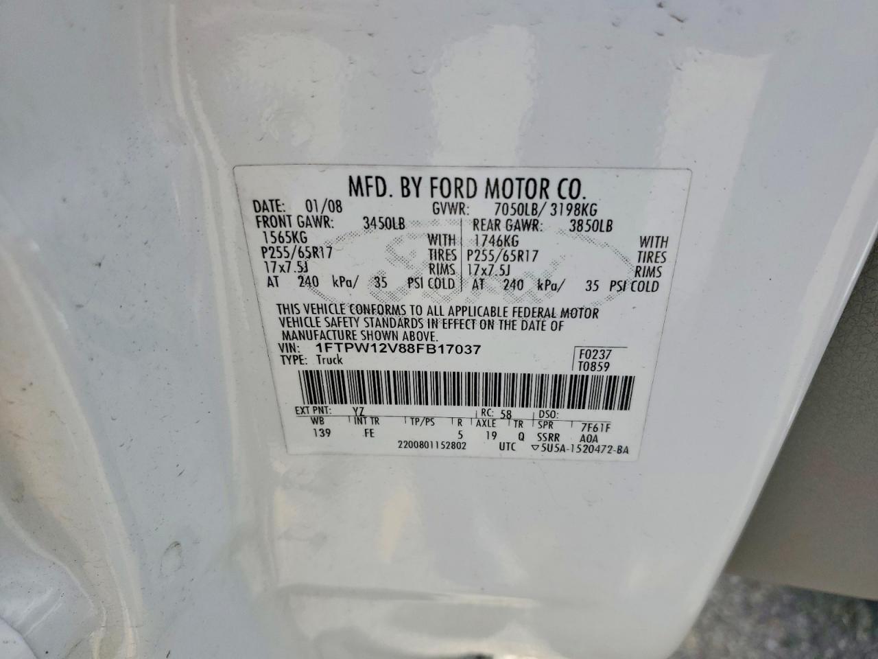 2008 Ford F150 Supercrew White vin: 1FTPW12V88FB17037
