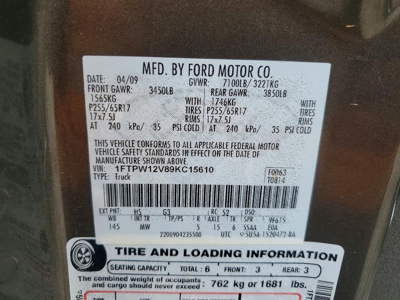 2009 Ford F150 Supercrew Brown vin: 1FTPW12V89KC15610