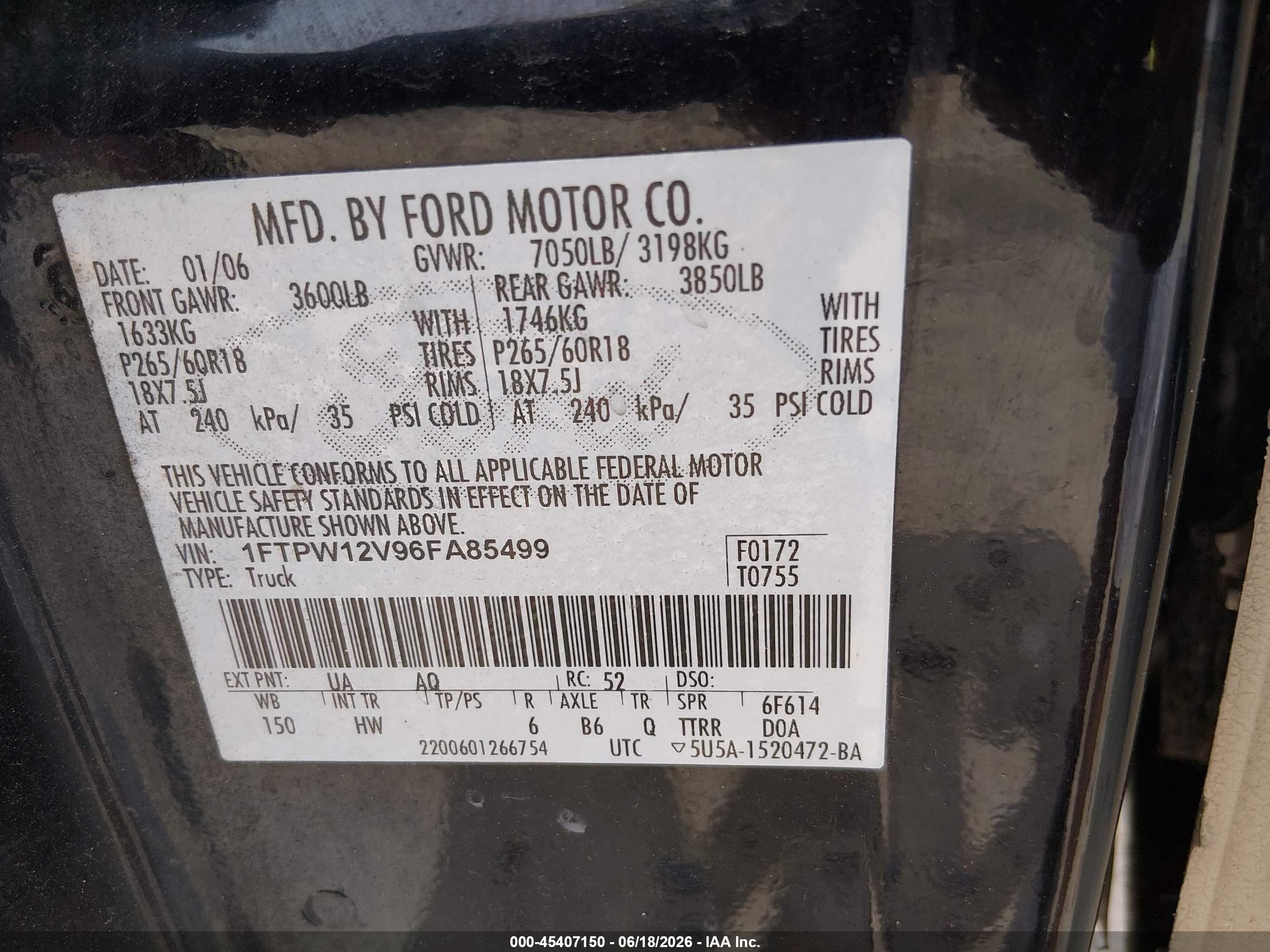 2006 Ford F-150 Lariat/xlt Black vin: 1FTPW12V96FA85499