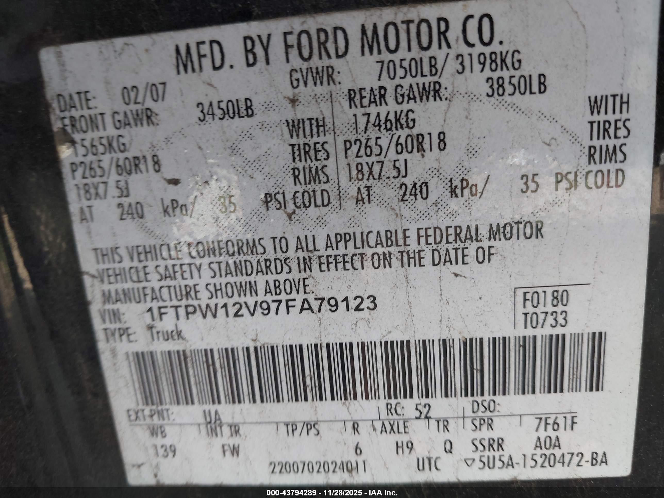 2007 Ford F-150 Lariat/xlt Black vin: 1FTPW12V97FA79123