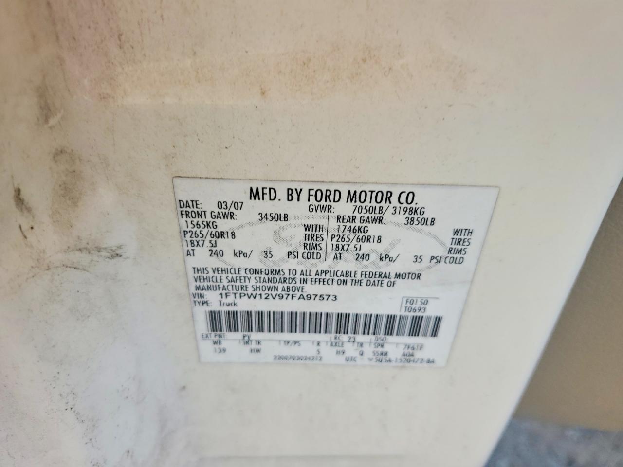 2007 Ford F150 Supercrew White vin: 1FTPW12V97FA97573