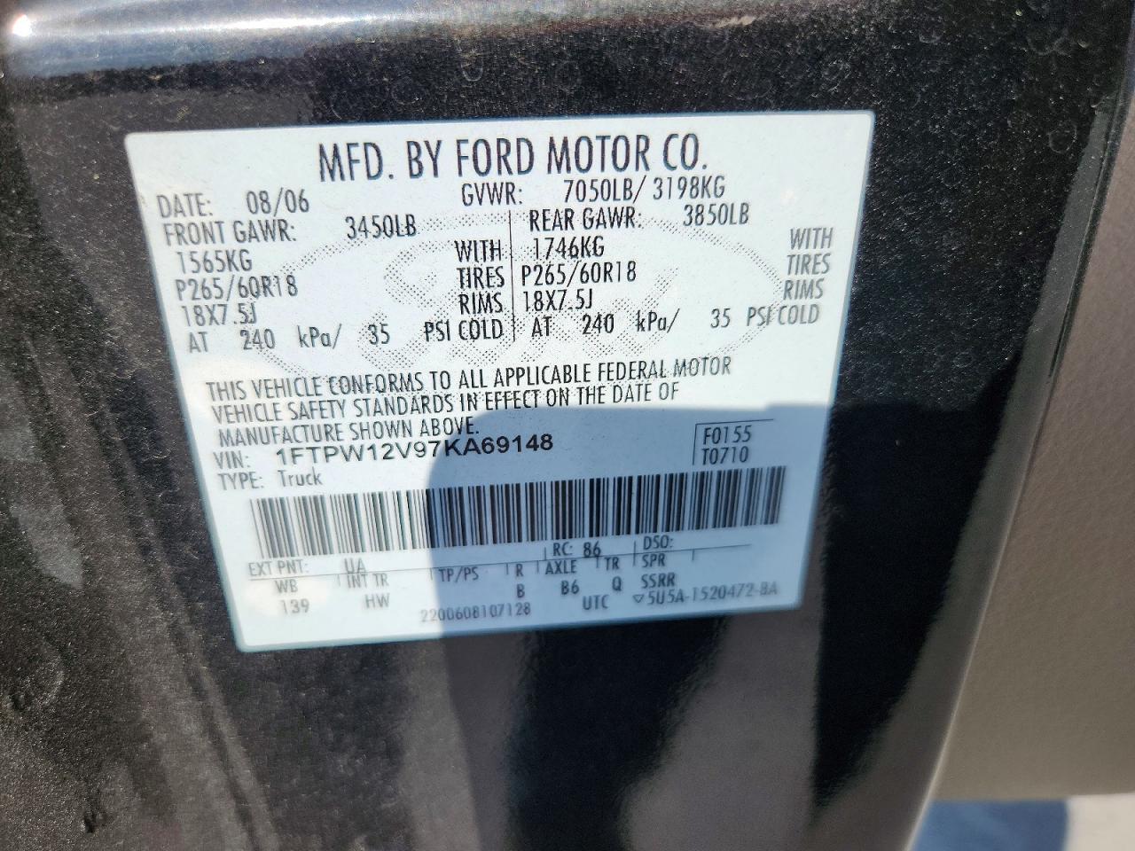 2007 Ford F150 Supercrew Black vin: 1FTPW12V97KA69148