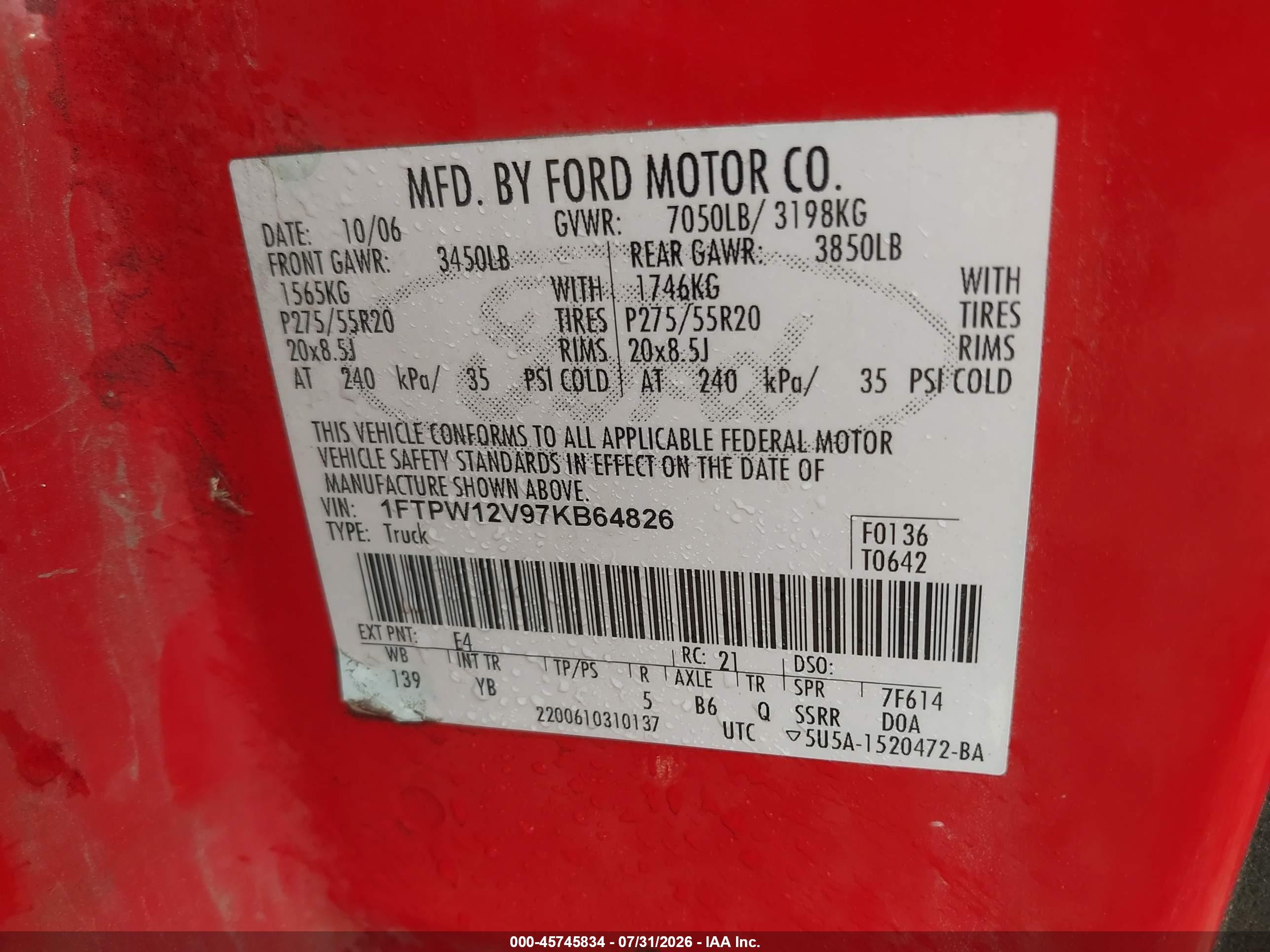 2007 Ford F-150 Lariat/xlt Red vin: 1FTPW12V97KB64826