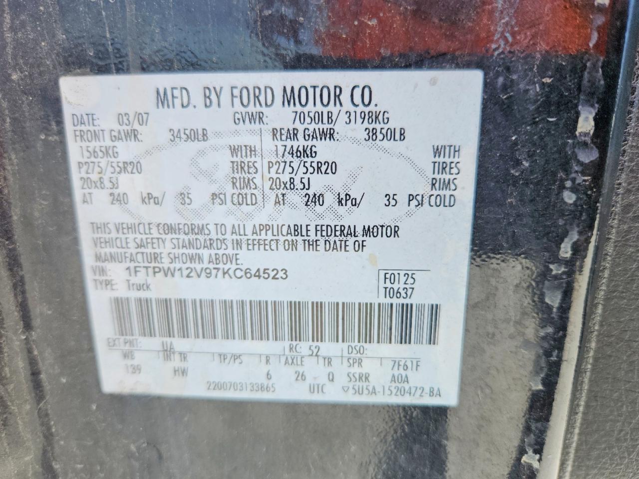 2007 Ford F150 Supercrew Черный vin: 1FTPW12V97KC64523