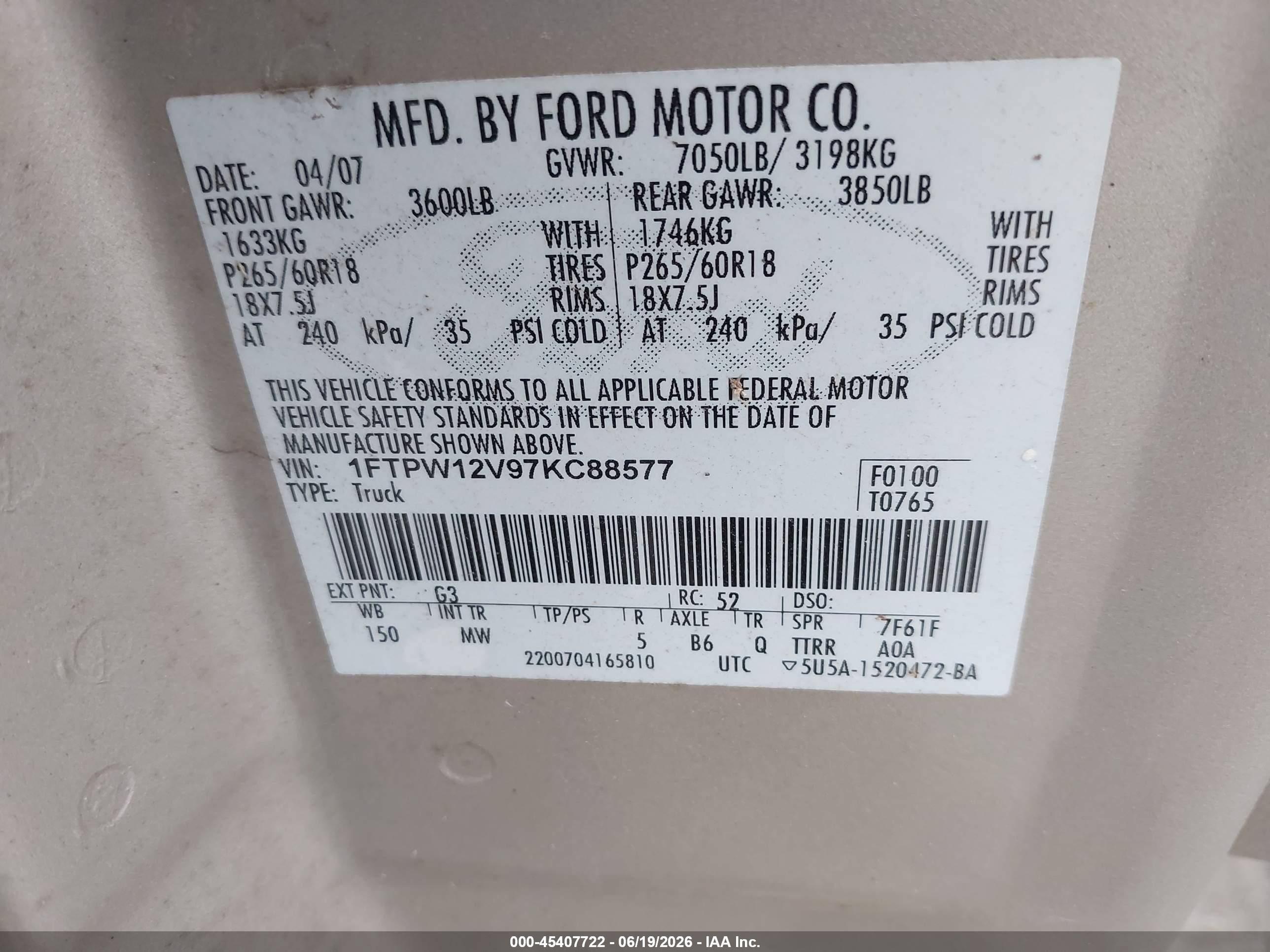 2007 Ford F-150 Lariat/xlt Tan vin: 1FTPW12V97KC88577
