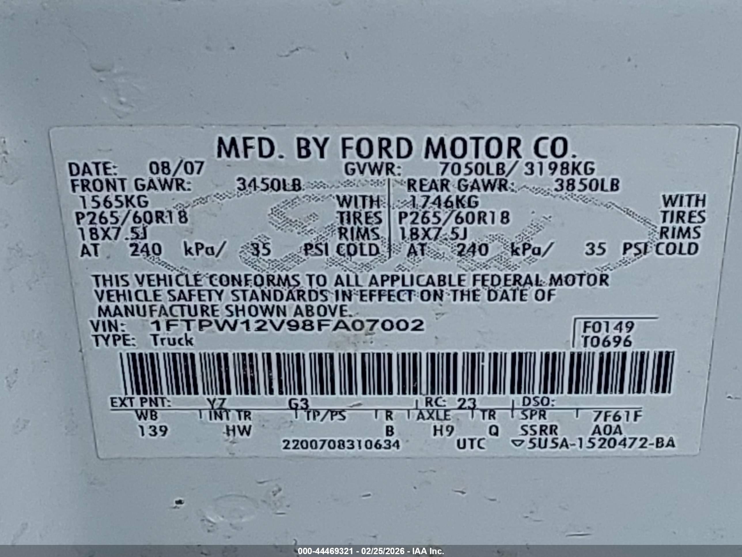 2008 Ford F-150 60th Anniversary/fx2/king Ranch/lariat/xlt White vin: 1FTPW12V98FA07002