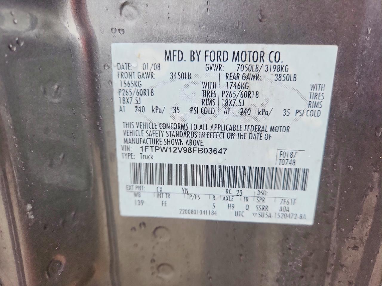 2008 Ford F150 Supercrew Gray vin: 1FTPW12V98FB03647