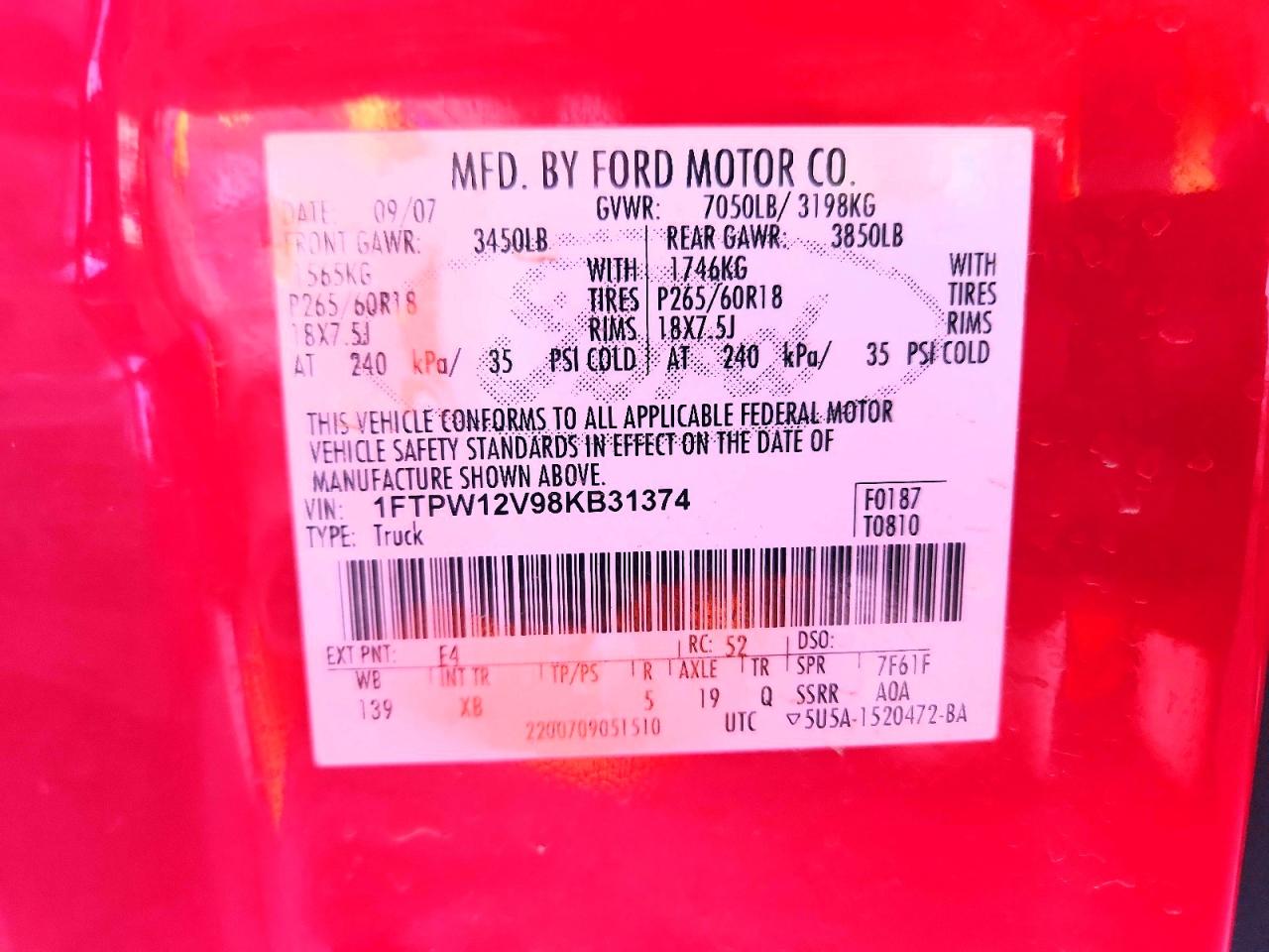 2008 Ford F150 Supercrew Red vin: 1FTPW12V98KB31374