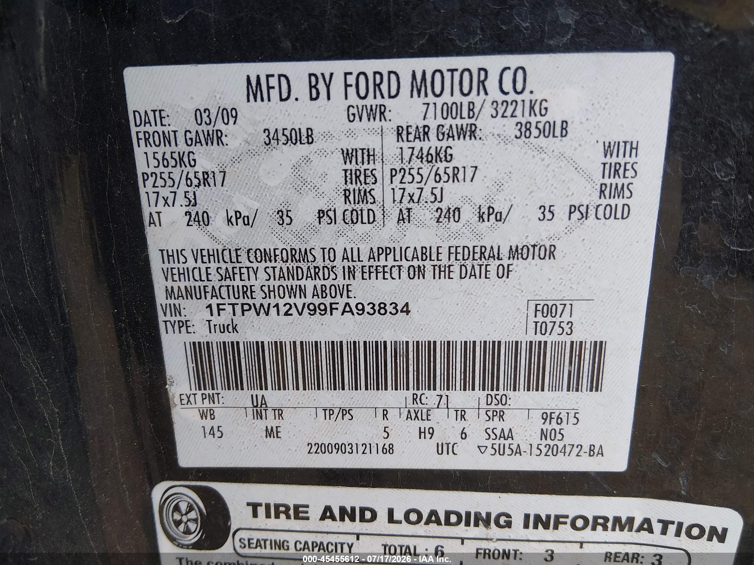 2009 Ford F-150 King Ranch/lariat/platinum/xl/xlt Black vin: 1FTPW12V99FA93834