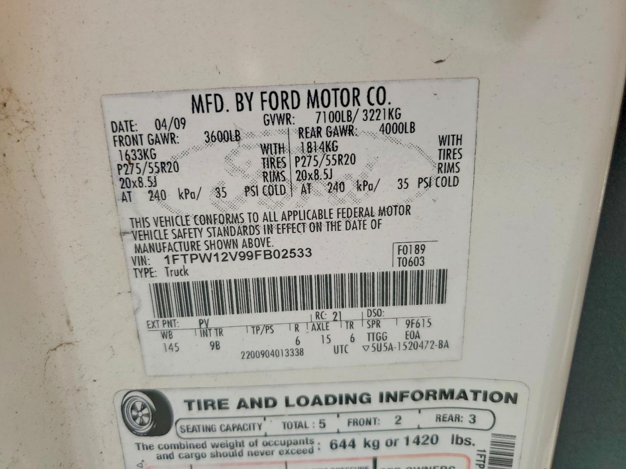 2009 Ford F150 Supercrew White vin: 1FTPW12V99FB02533