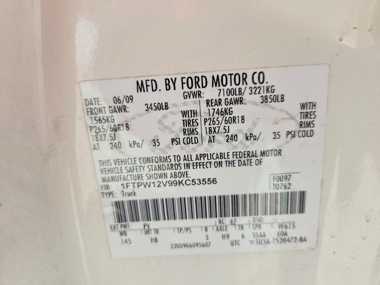 2009 Ford F150 Supercrew White vin: 1FTPW12V99KC53556