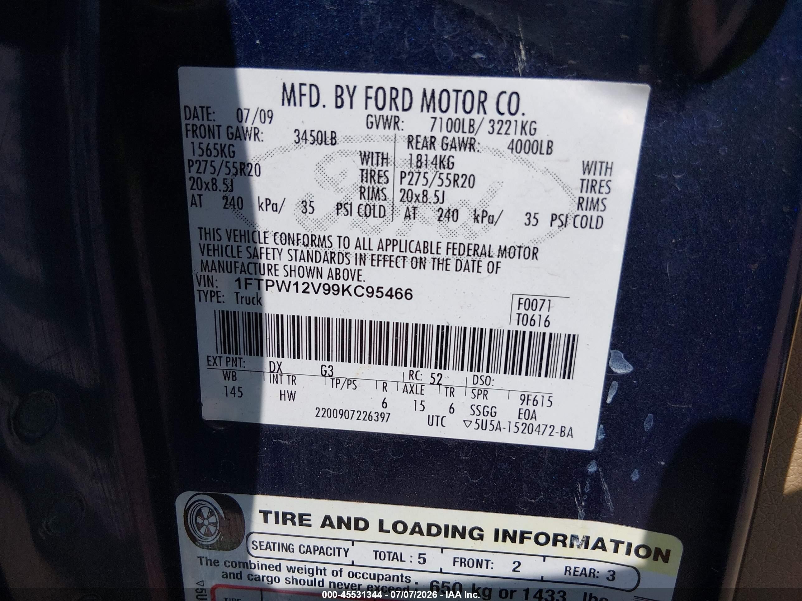 2009 Ford F-150 King Ranch/lariat/platinum/xl/xlt Blue vin: 1FTPW12V99KC95466