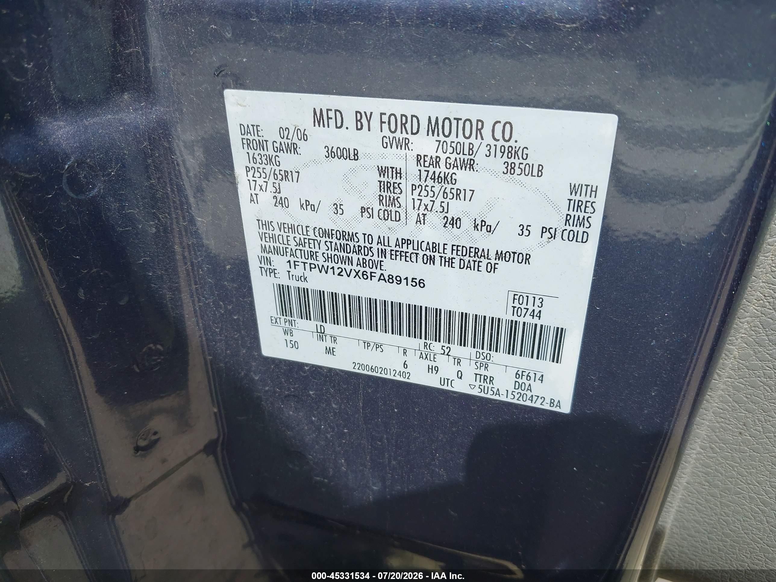2006 Ford F-150 Lariat/xlt Blue vin: 1FTPW12VX6FA89156