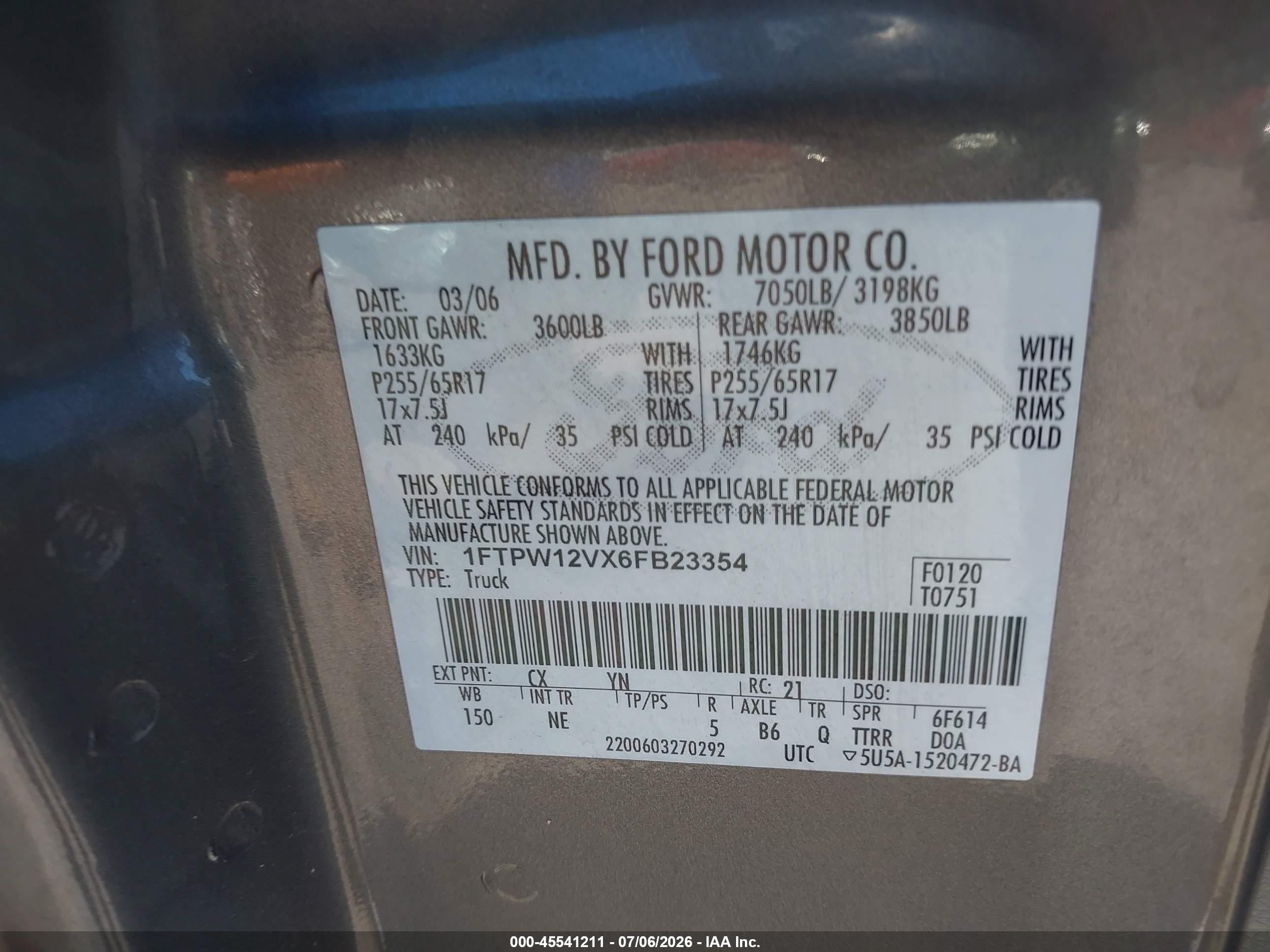 2006 Ford F-150 Lariat/xlt White vin: 1FTPW12VX6FB23354