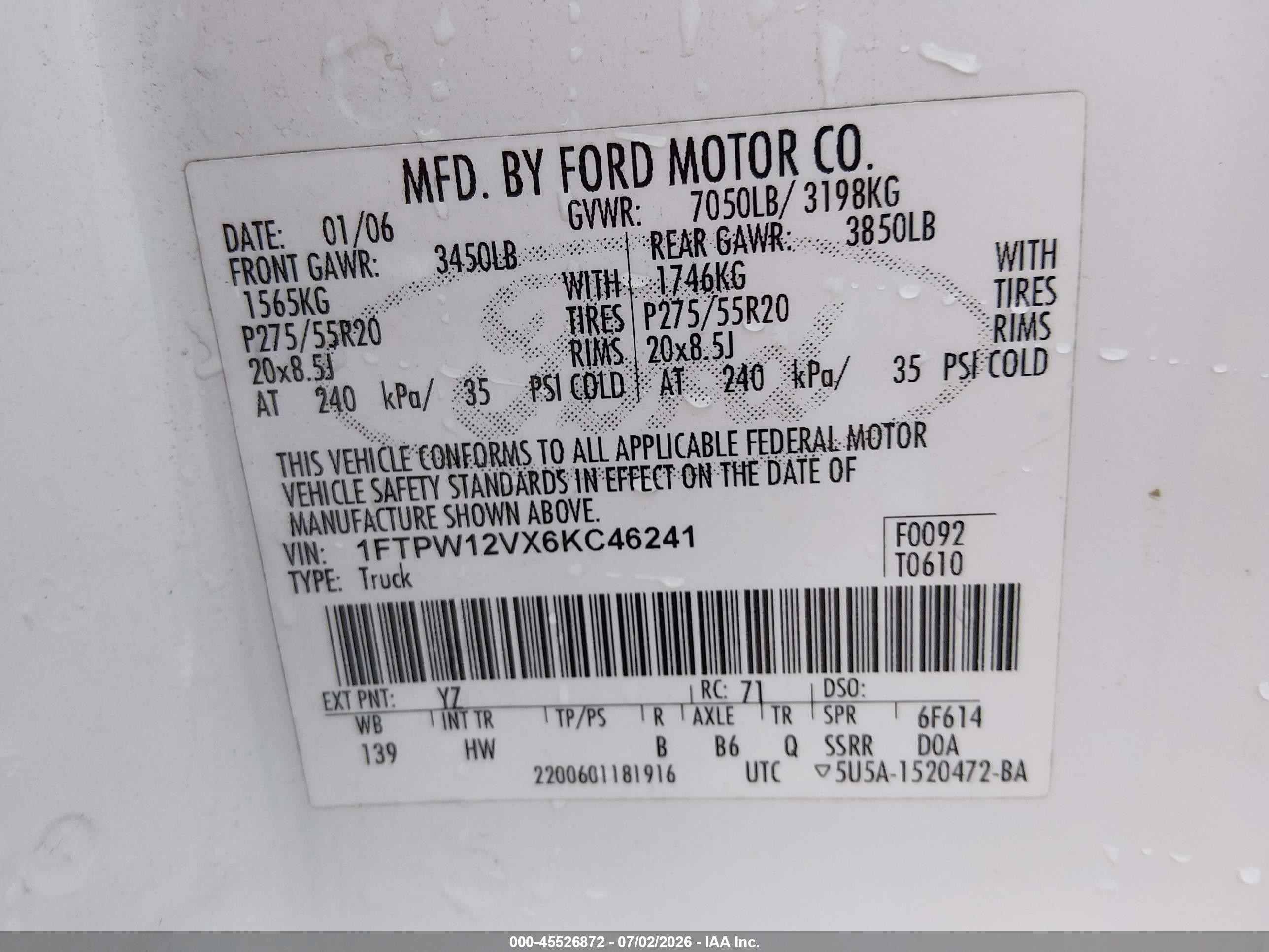 2006 Ford F-150 Lariat/xlt White vin: 1FTPW12VX6KC46241