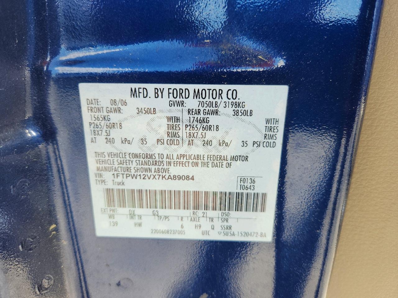 2007 Ford F150 Supercrew Blue vin: 1FTPW12VX7KA89084