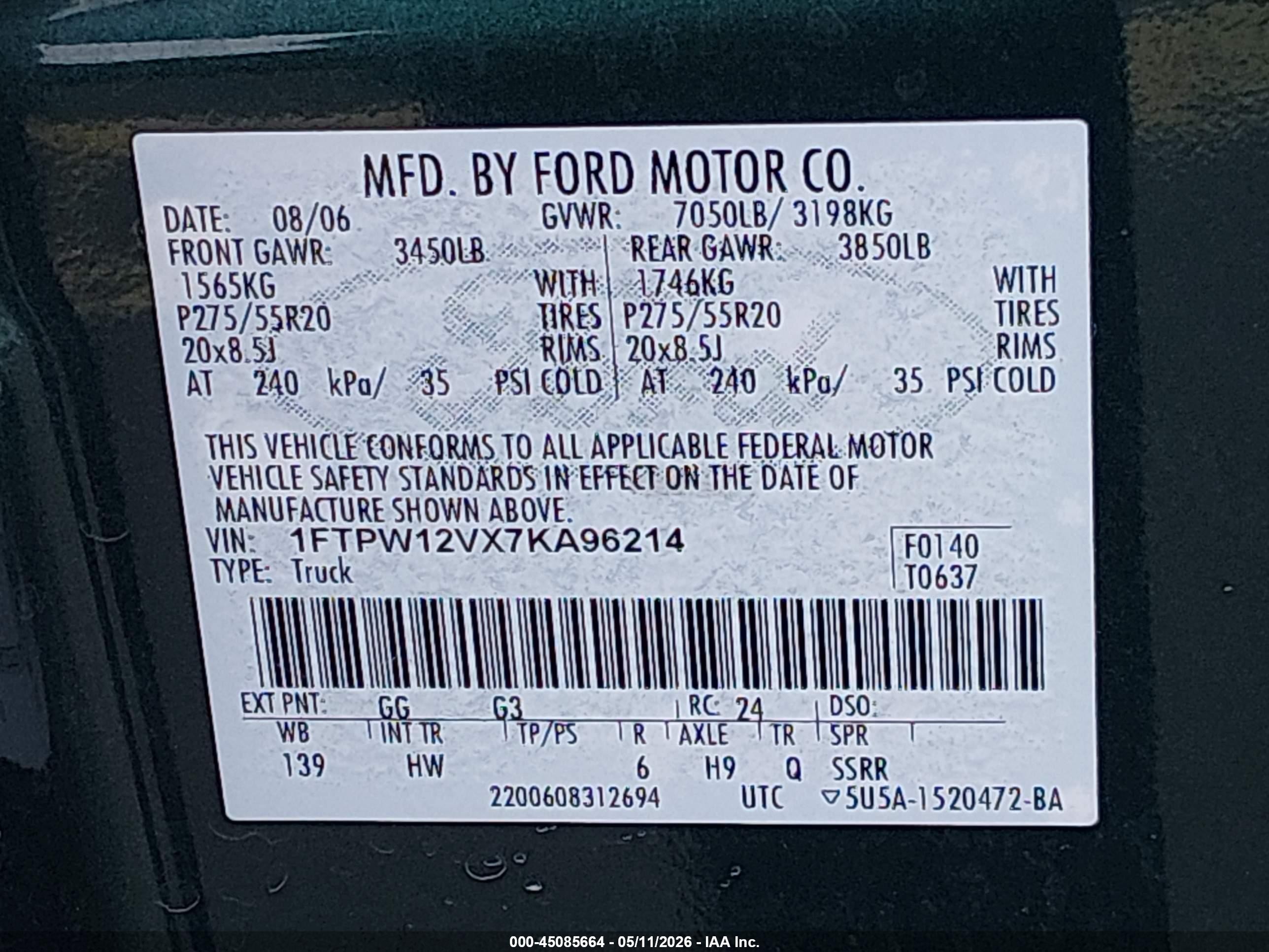 2007 Ford F-150 Lariat/xlt Зеленый vin: 1FTPW12VX7KA96214