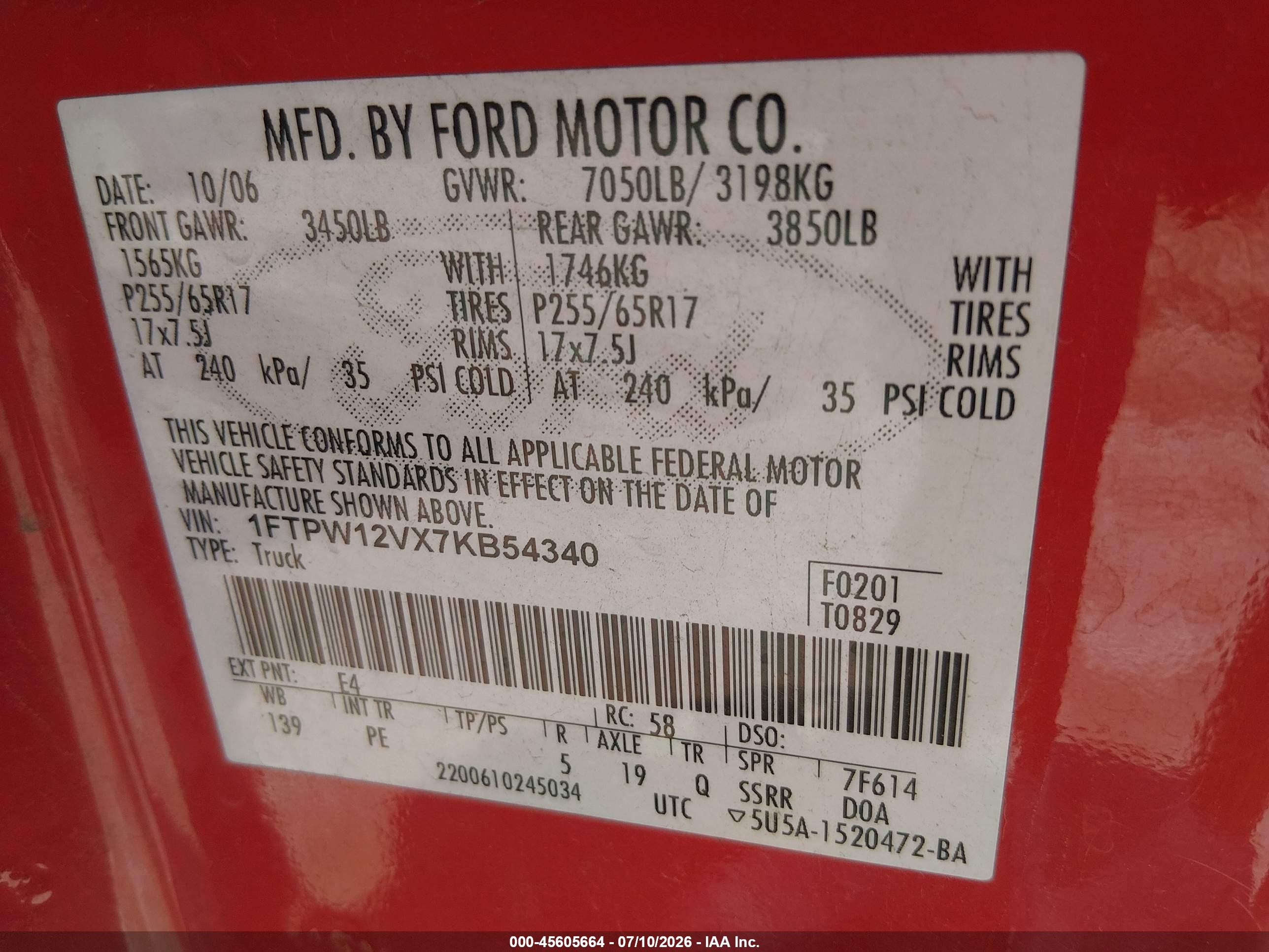 2007 Ford F-150 Lariat/xlt Red vin: 1FTPW12VX7KB54340