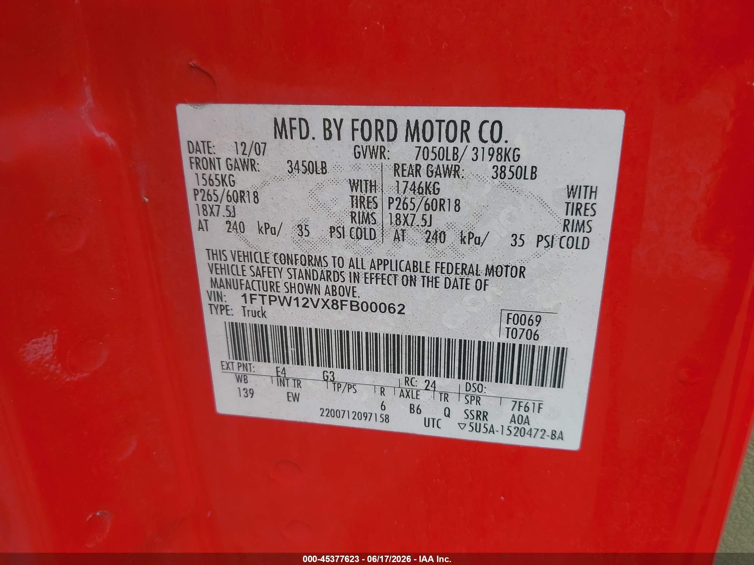 2008 Ford F-150 60th Anniversary/fx2/king Ranch/lariat/xlt Красный vin: 1FTPW12VX8FB00062