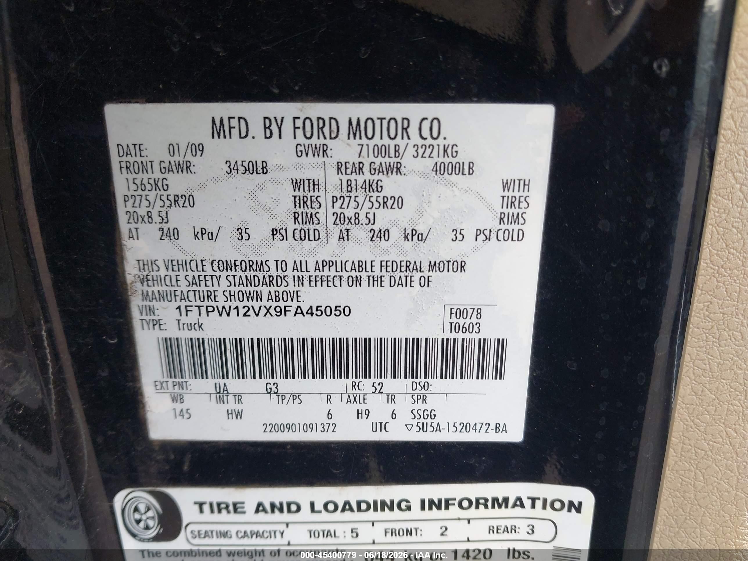 2009 Ford F-150 King Ranch/lariat/platinum/xl/xlt Black vin: 1FTPW12VX9FA45050
