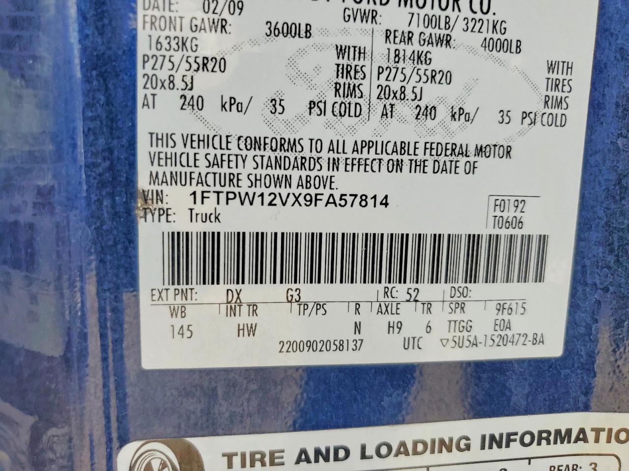 2009 Ford F150 Supercrew Blue vin: 1FTPW12VX9FA57814