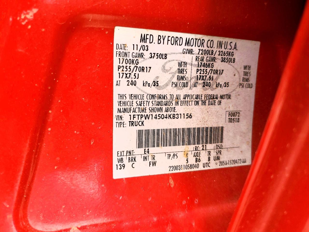 2004 Ford F150 Supercrew Red vin: 1FTPW14504KB31156