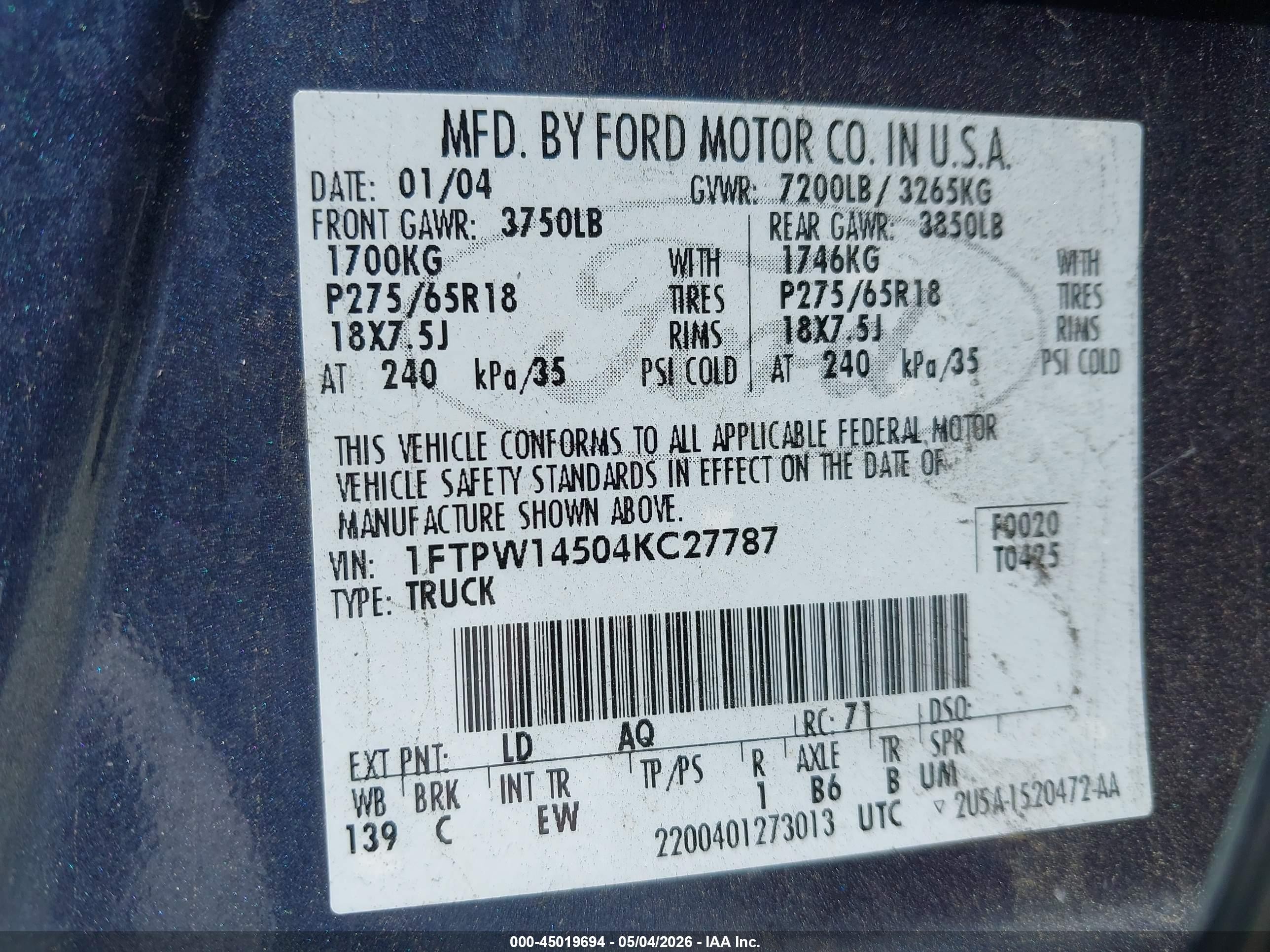 2004 Ford F-150 Fx4/lariat/xlt Blue vin: 1FTPW14504KC27787