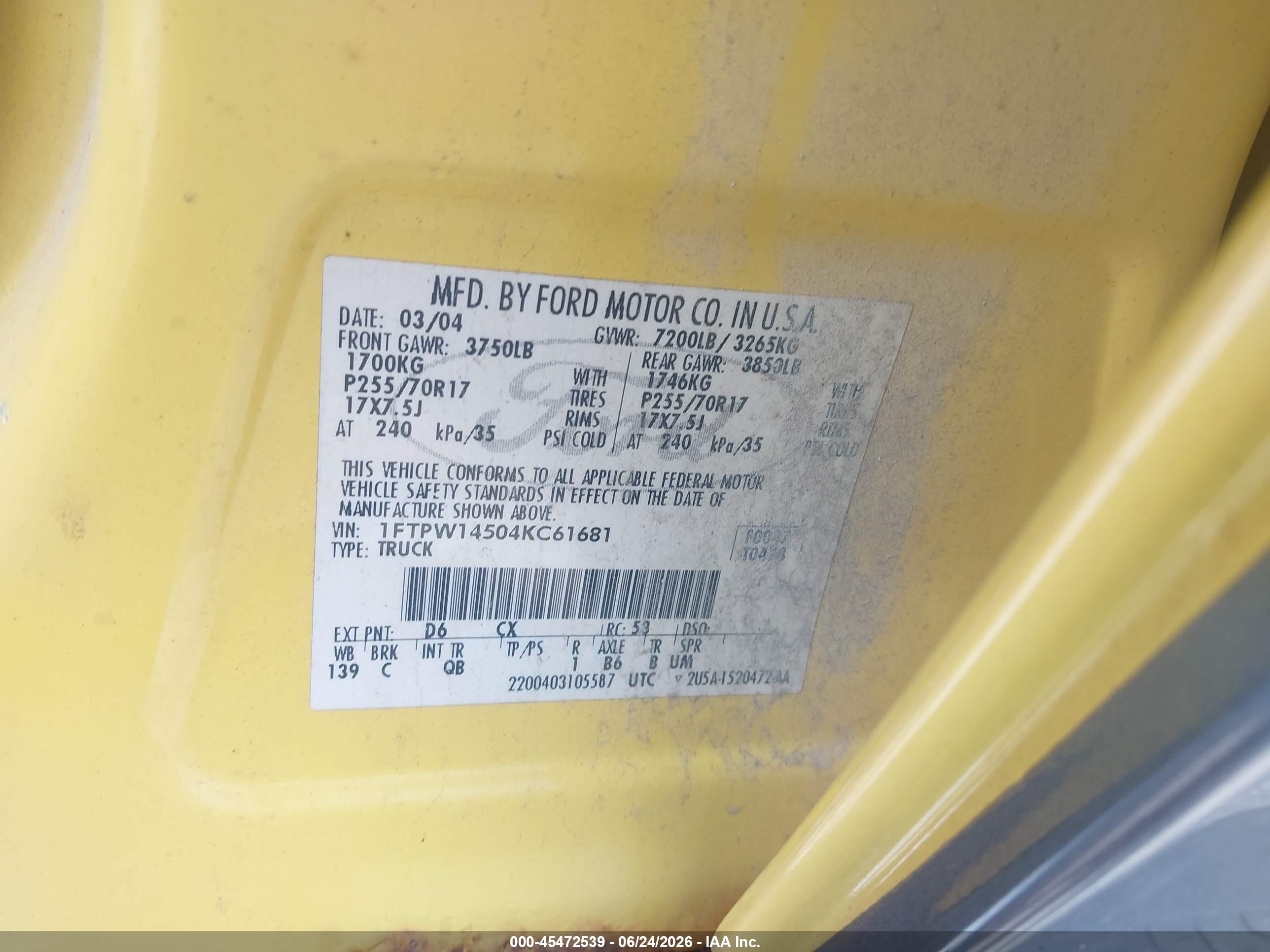 2004 Ford F-150 Fx4/lariat/xlt Yellow vin: 1FTPW14504KC61681