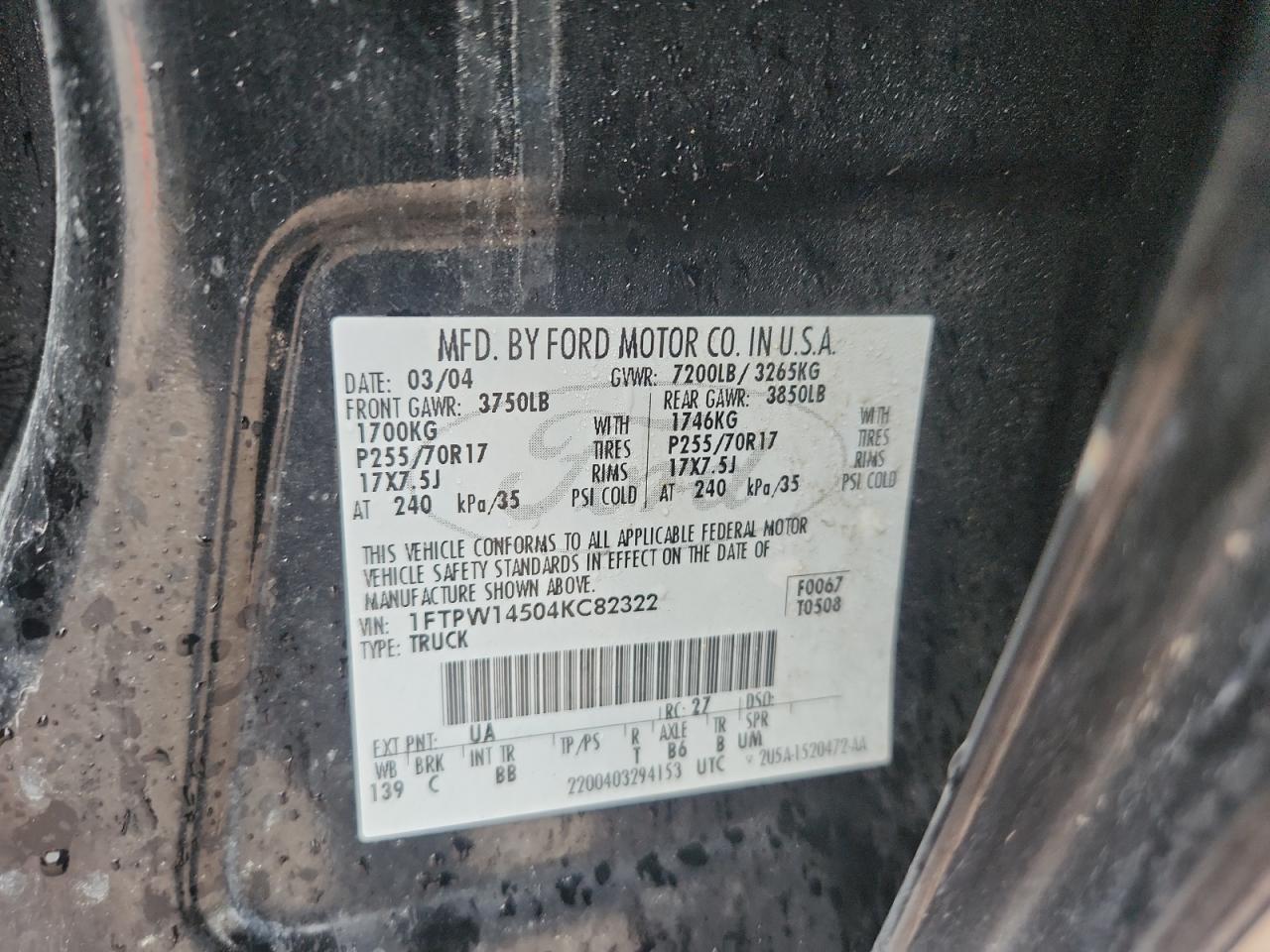 2004 Ford F150 Supercrew Black vin: 1FTPW14504KC82322