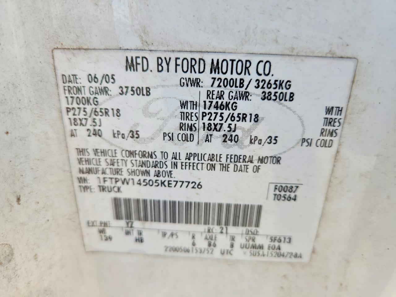 2005 Ford F150 Supercrew White vin: 1FTPW14505KE77726