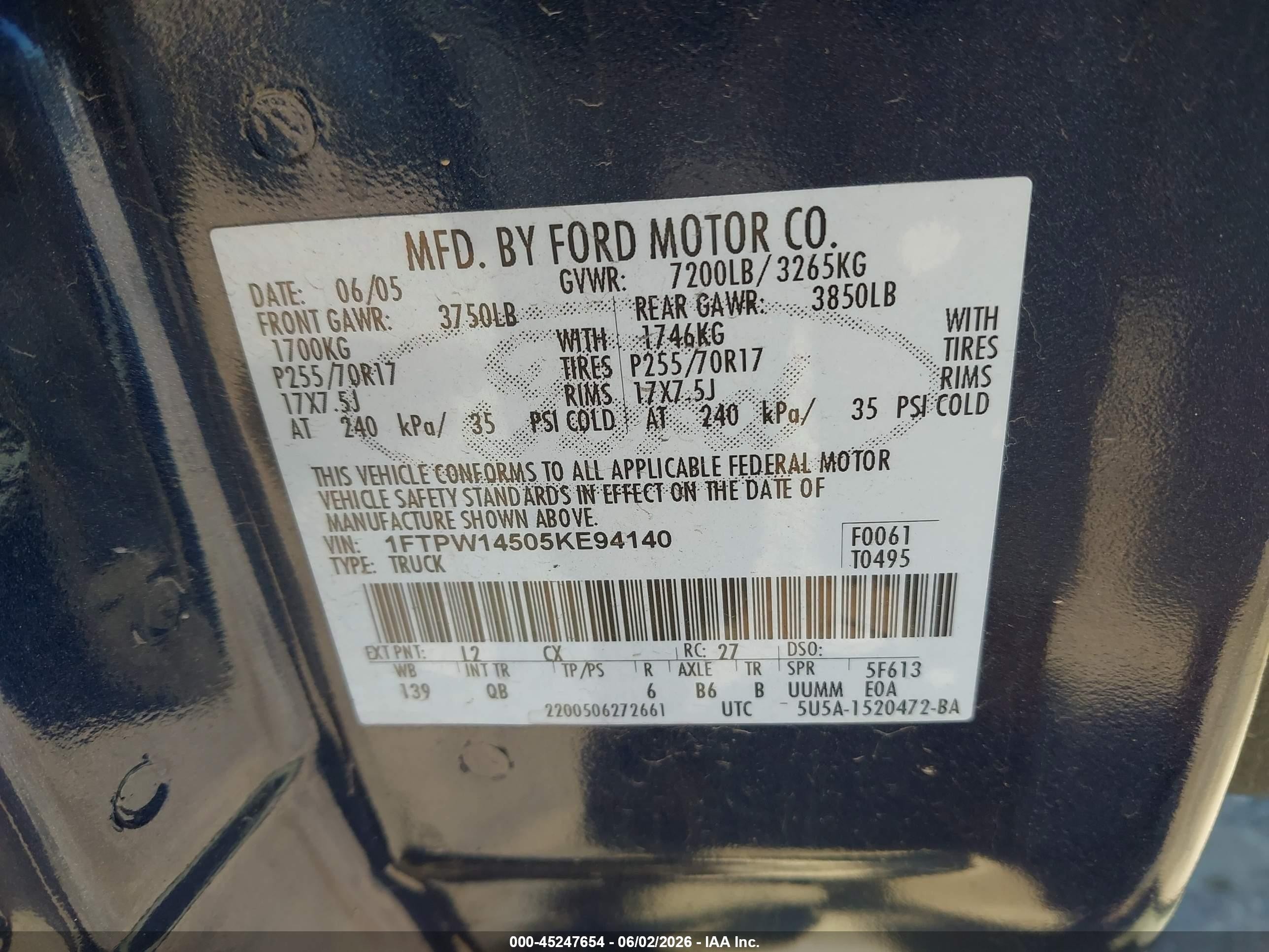 2005 Ford F-150 Fx4/lariat/xlt Blue vin: 1FTPW14505KE94140