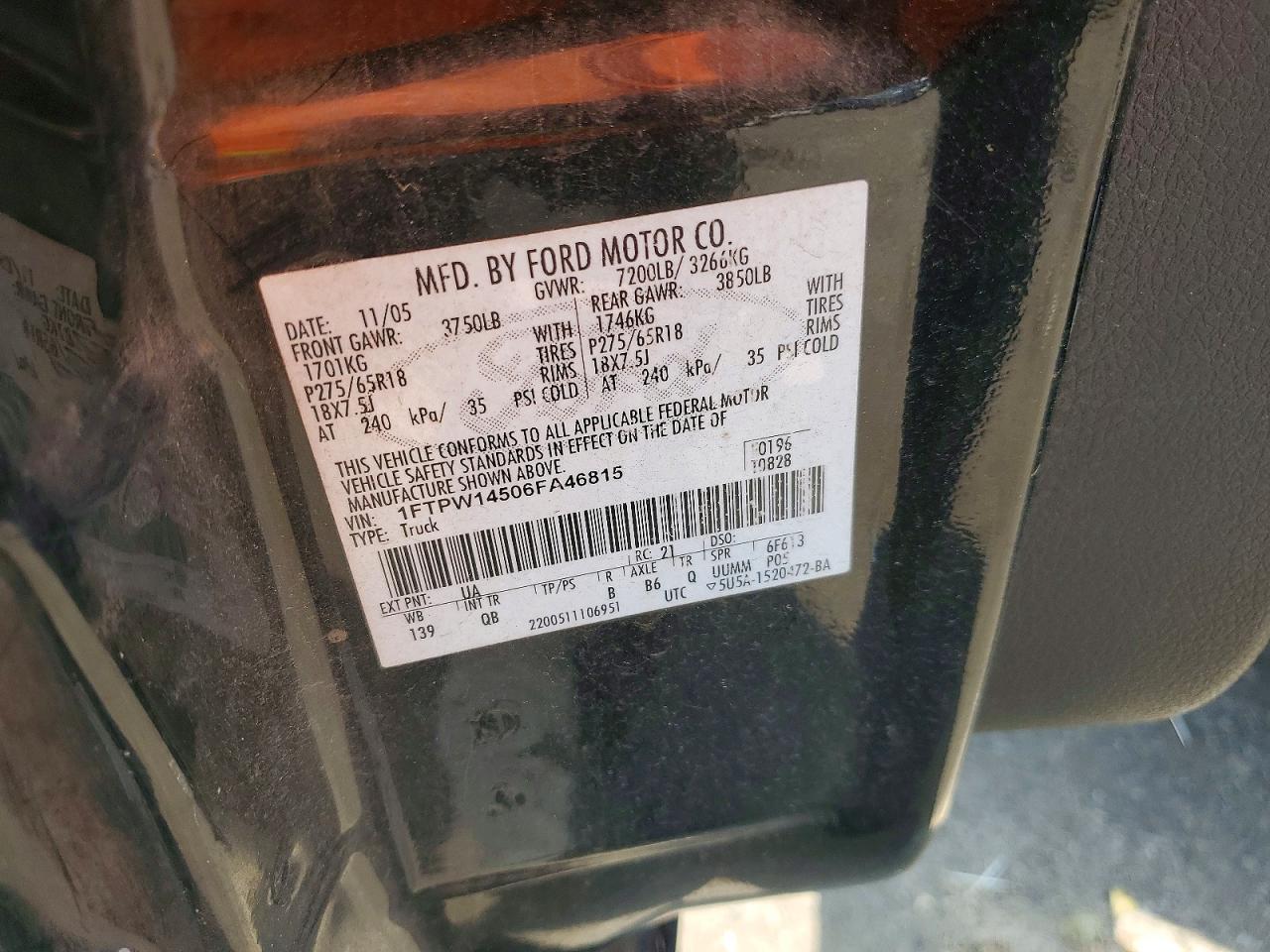 2006 Ford F150 Supercrew Black vin: 1FTPW14506FA46815
