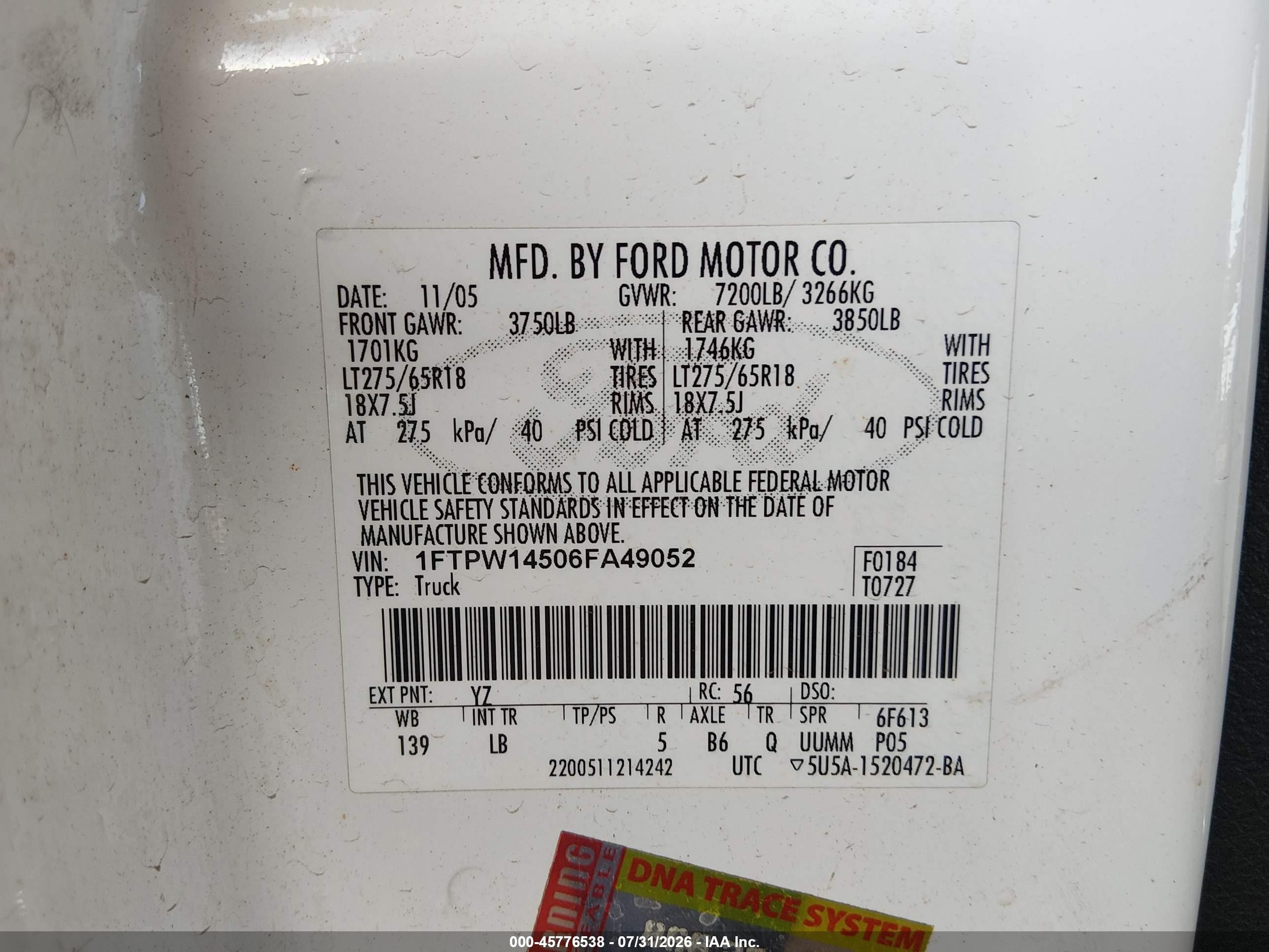 2006 Ford F-150 Fx4/lariat/xlt Белый vin: 1FTPW14506FA49052