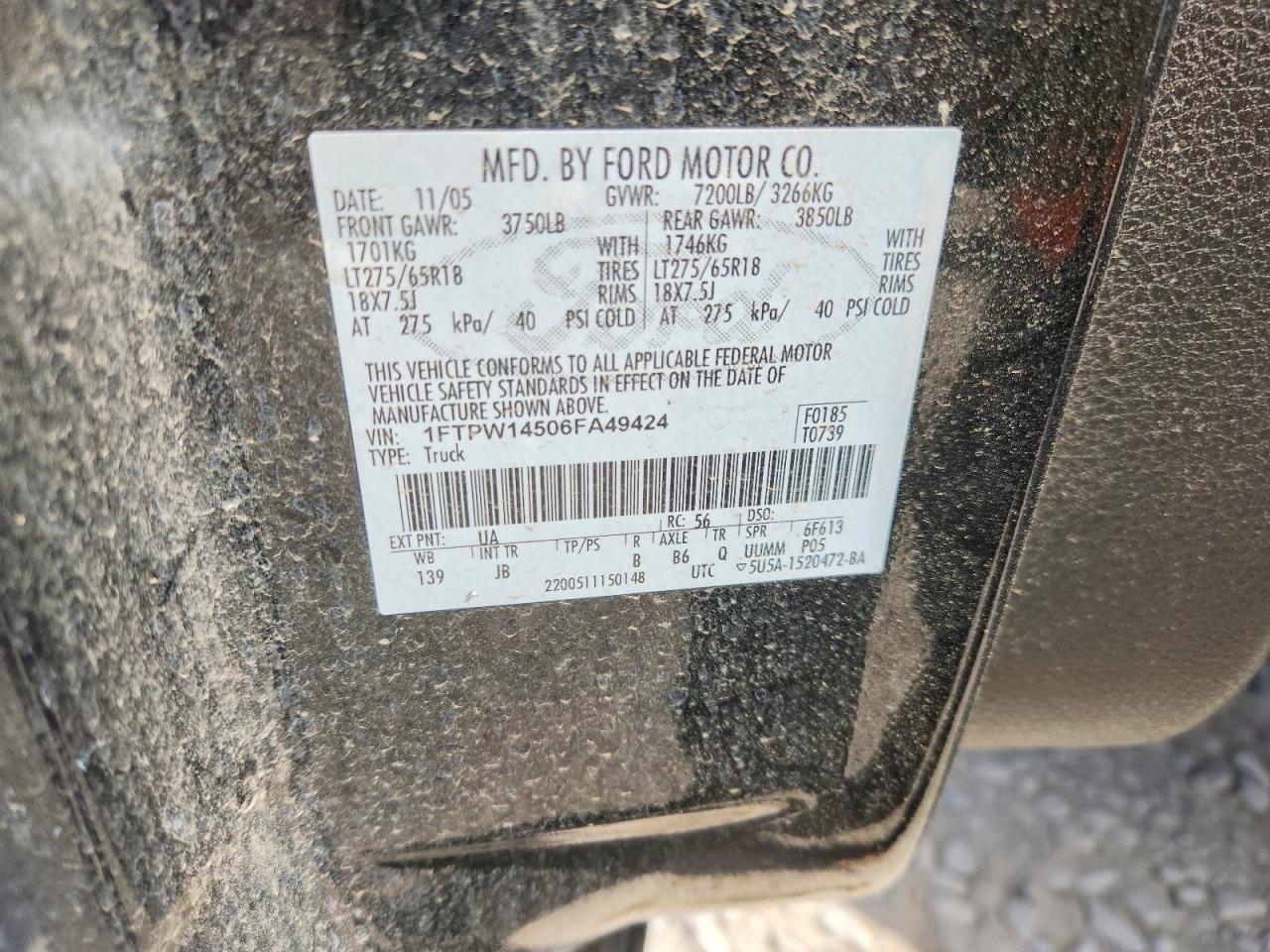 2006 Ford F150 Supercrew Black vin: 1FTPW14506FA49424