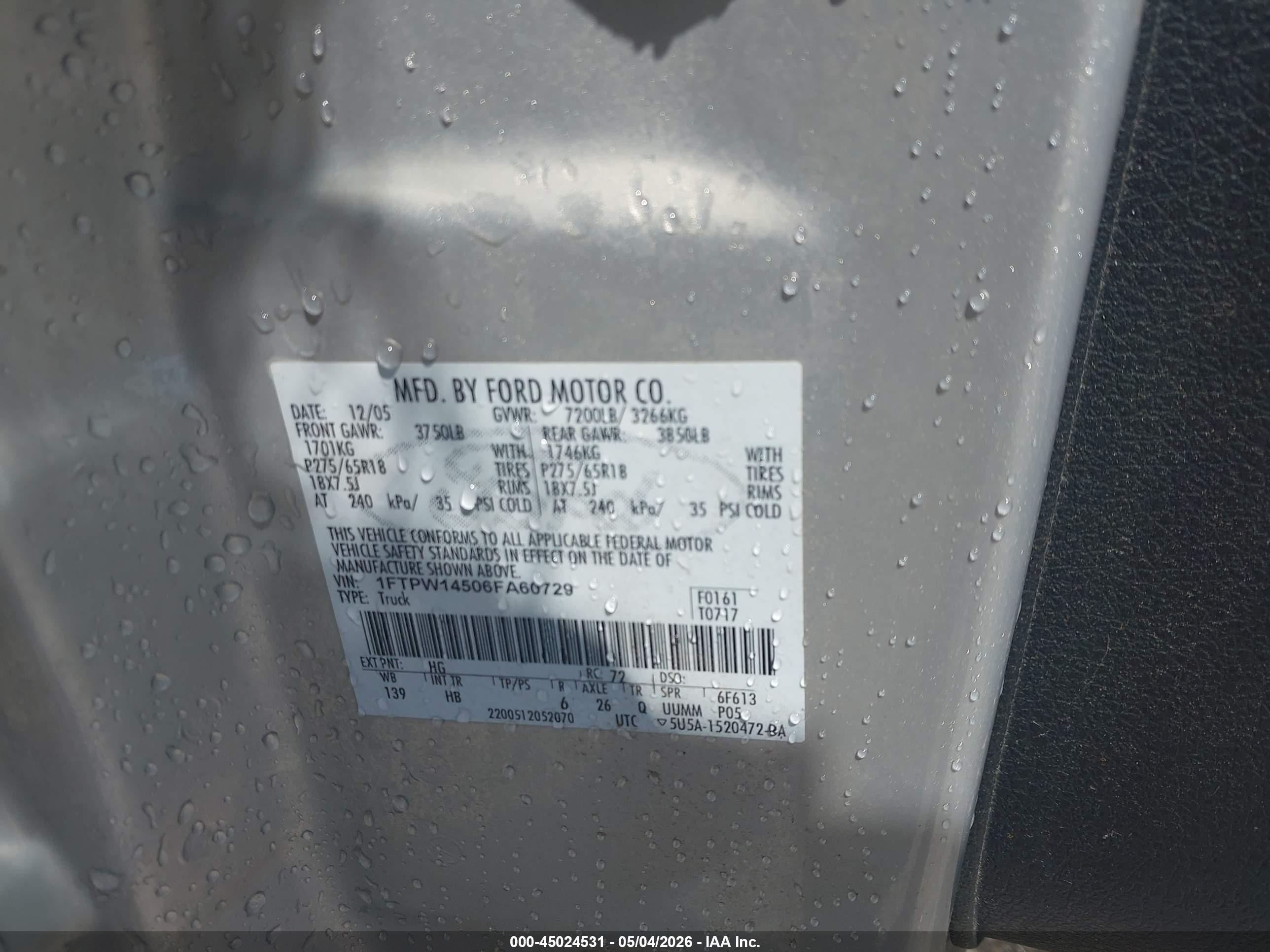 2006 Ford F-150 Fx4/lariat/xlt Silver vin: 1FTPW14506FA60729