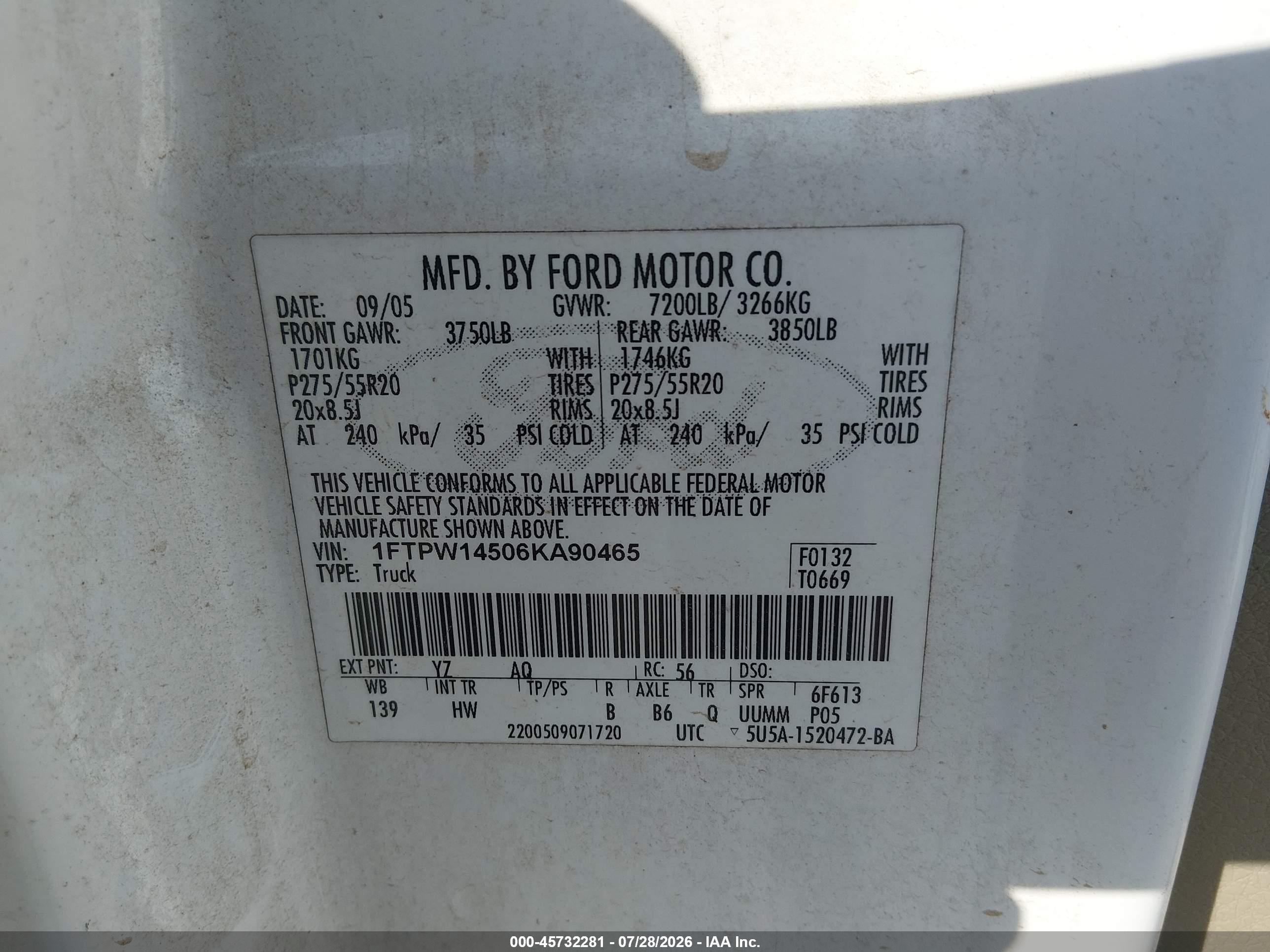 2006 Ford F-150 Fx4/lariat/xlt White vin: 1FTPW14506KA90465