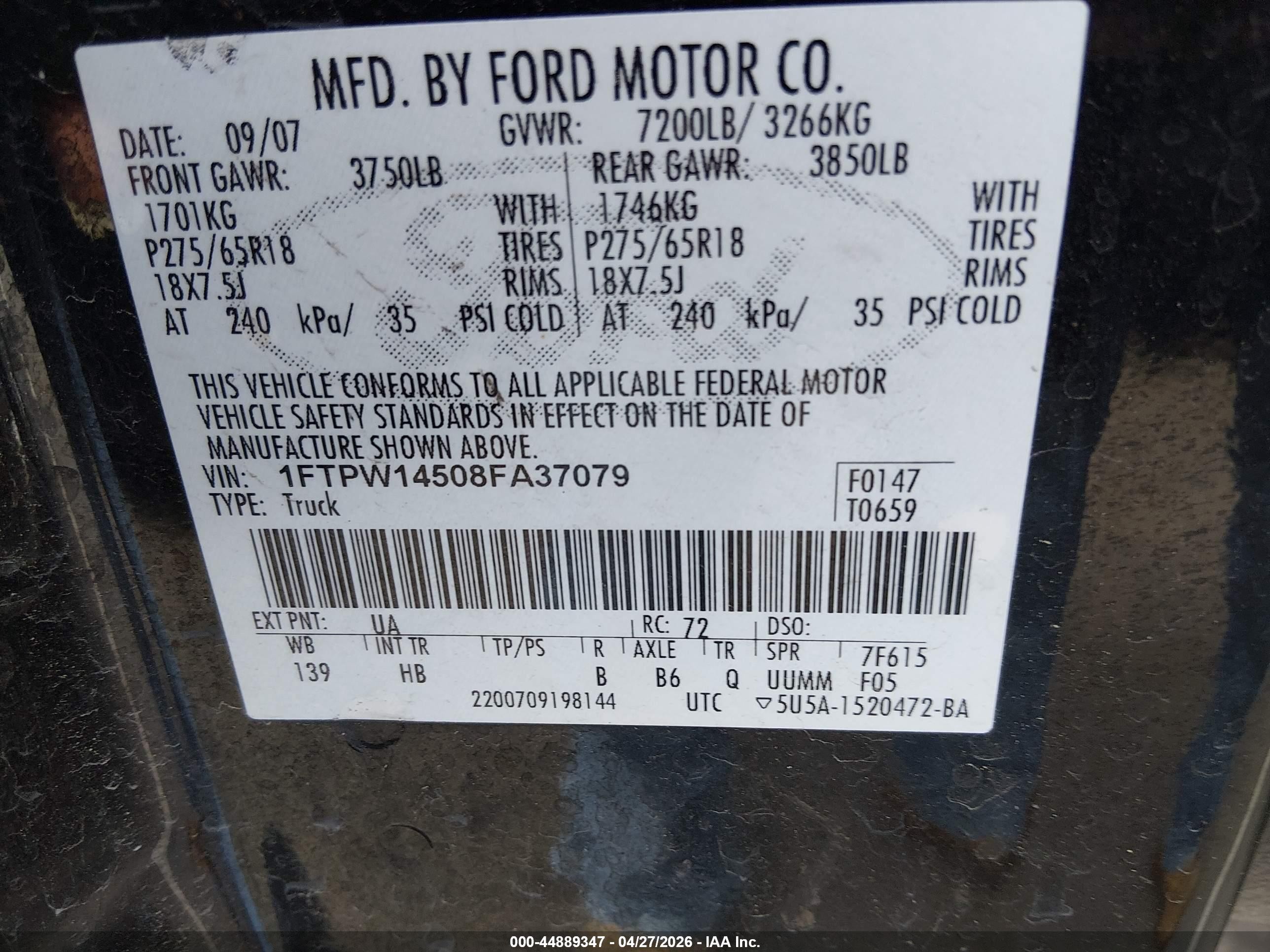 2008 Ford F-150 60th Anniversary/fx4/king Ranch/lariat/limited/xlt Black vin: 1FTPW14508FA37079