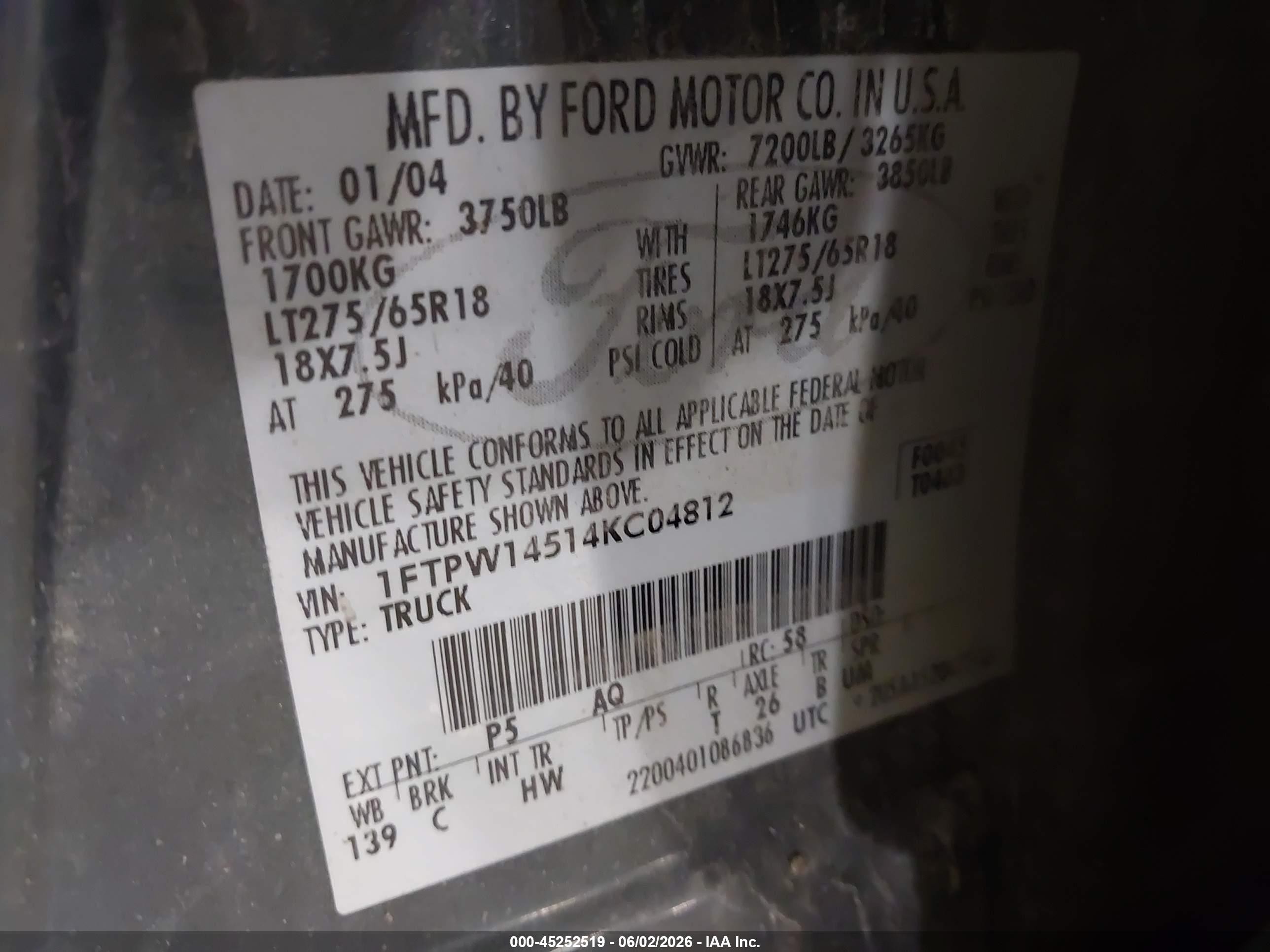 2004 Ford F-150 Fx4/lariat/xlt Green vin: 1FTPW14514KC04812